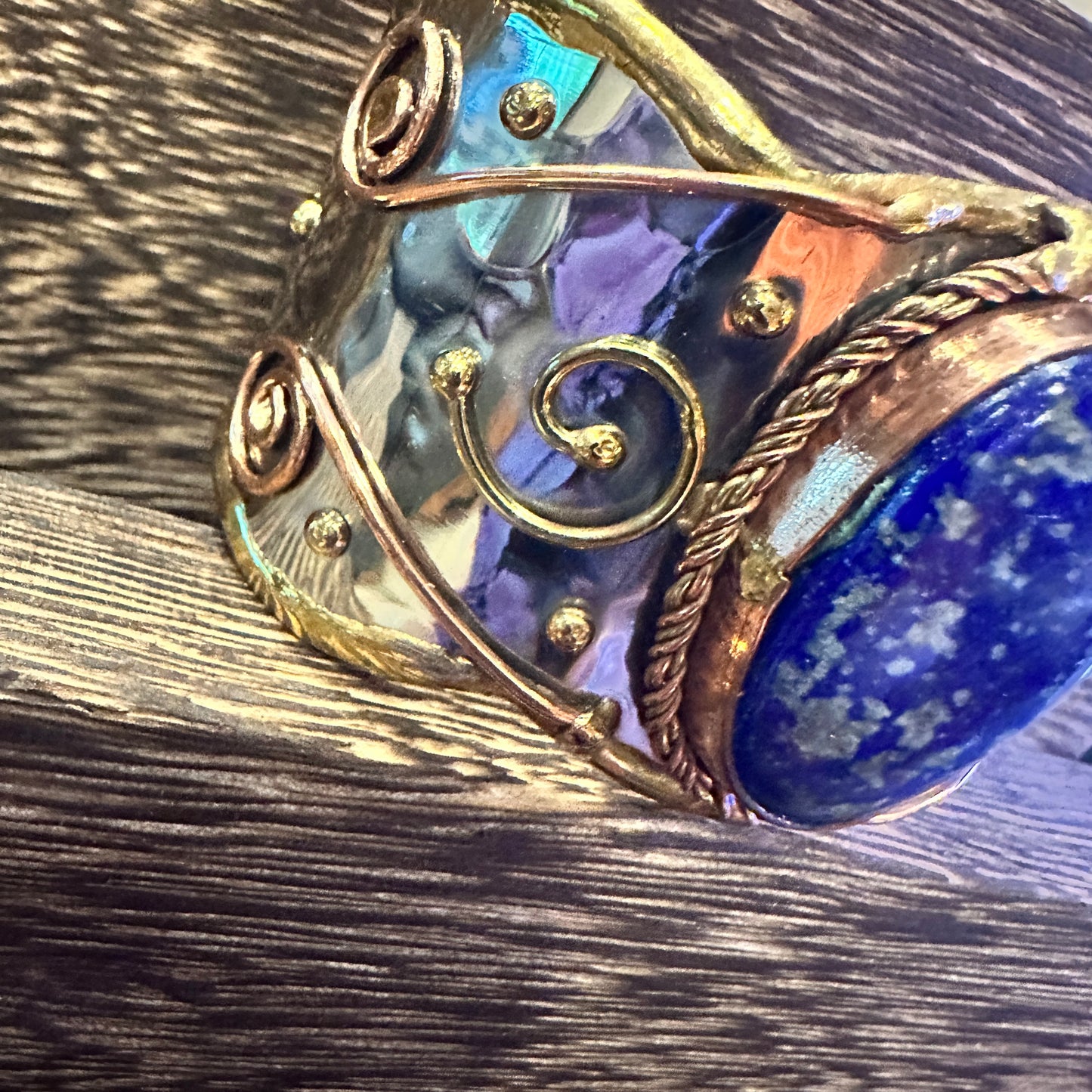 Artisan 2-Inch Wide Lapis Lazuli Cuff Bracelet, Adjustable Mixed Metals, Gift Ready