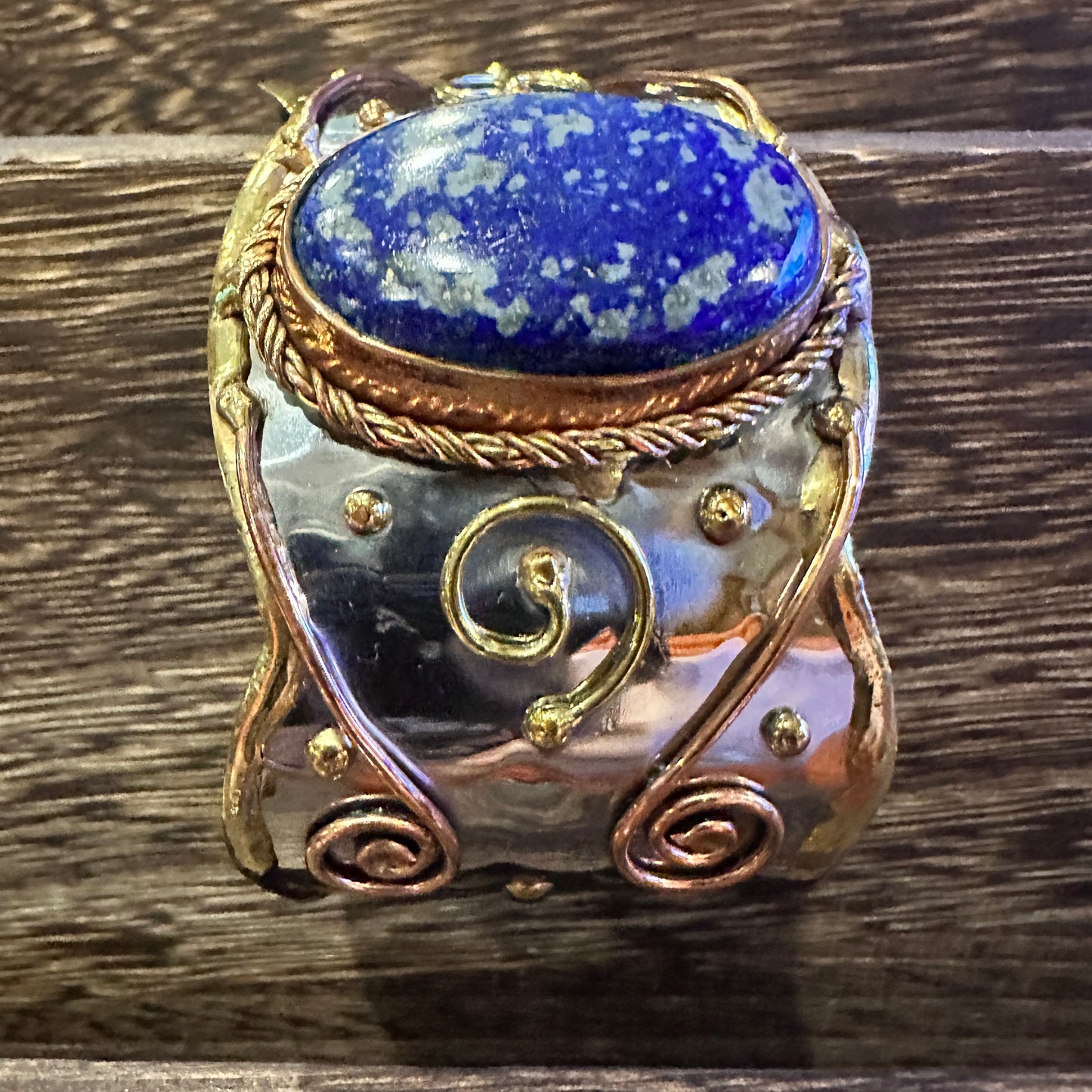 Artisan 2-Inch Wide Lapis Lazuli Cuff Bracelet, Adjustable Mixed Metals, Gift Ready