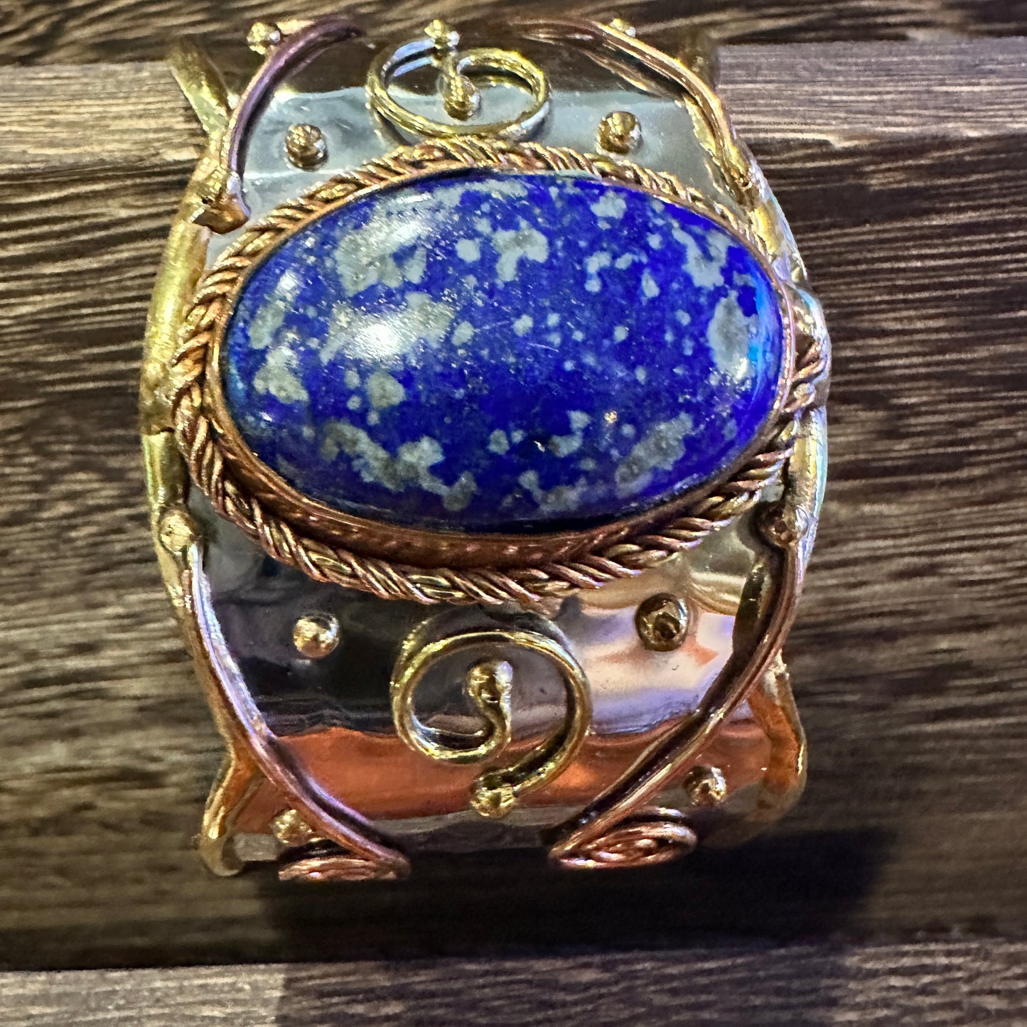 Artisan 2-Inch Wide Lapis Lazuli Cuff Bracelet, Adjustable Mixed Metals, Gift Ready