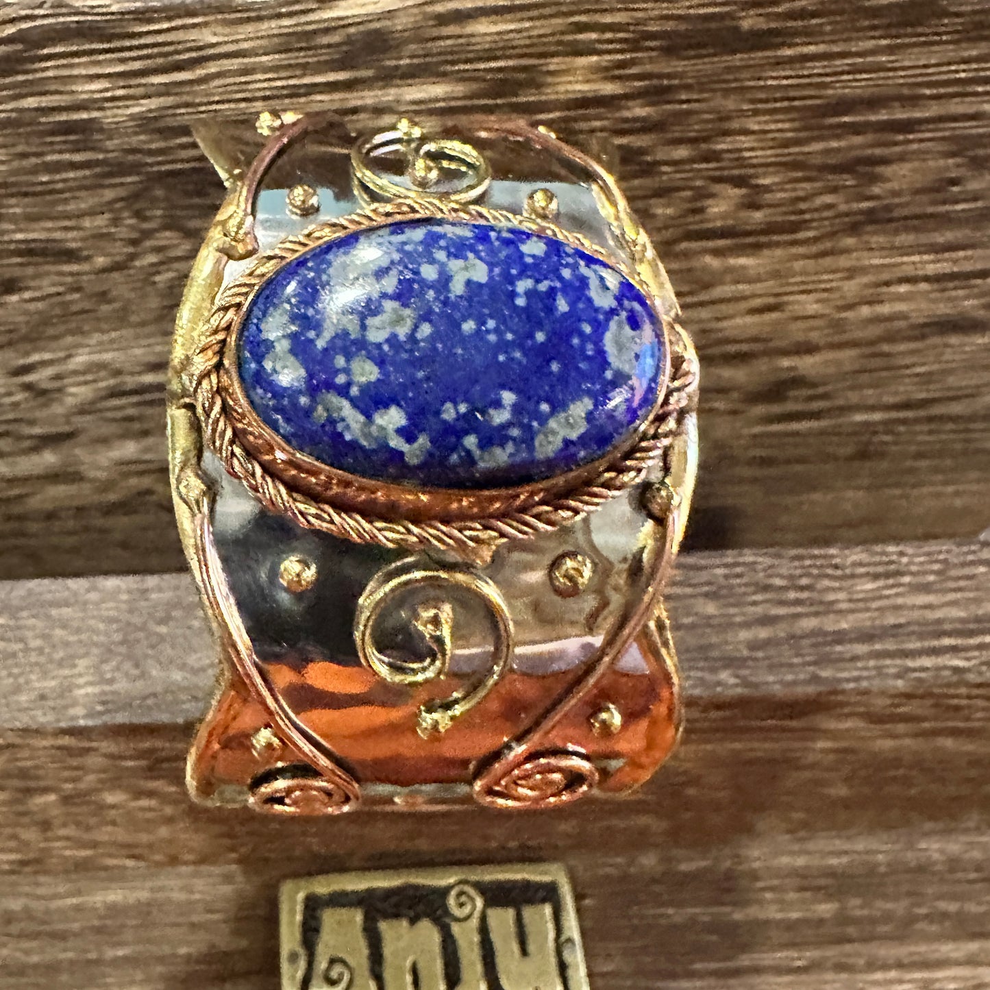Artisan 2-Inch Wide Lapis Lazuli Cuff Bracelet, Adjustable Mixed Metals, Gift Ready