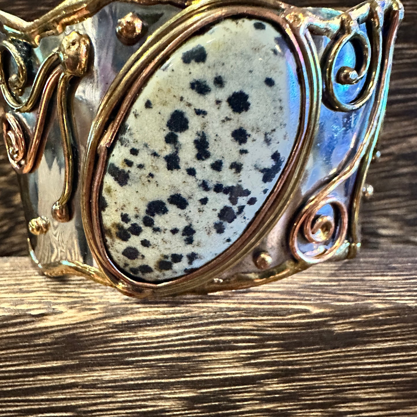 Unique Adjustable Cuff Bracelet with Dalmation Jasper and Mixed Metals, Gift-Ready Box Included