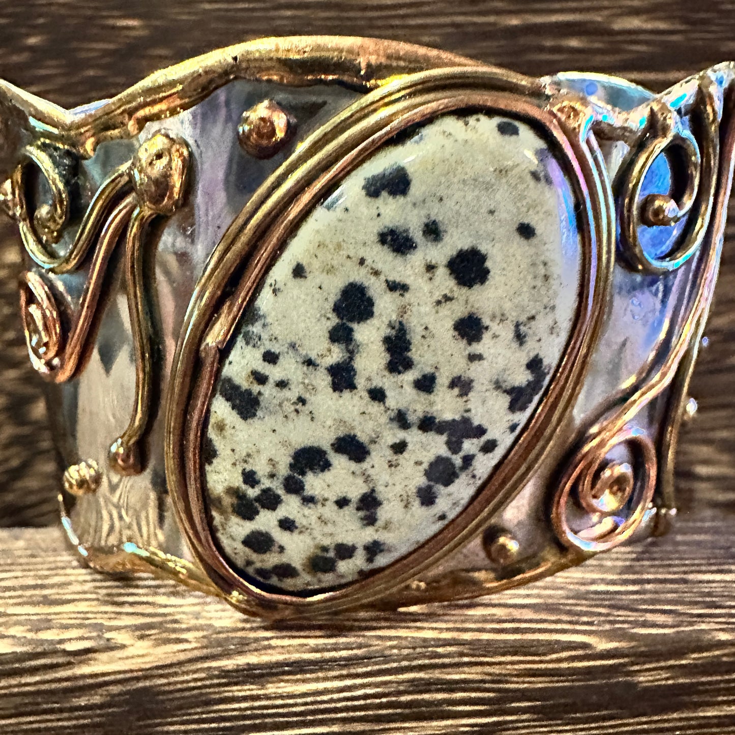 Unique Adjustable Cuff Bracelet with Dalmation Jasper and Mixed Metals, Gift-Ready Box Included