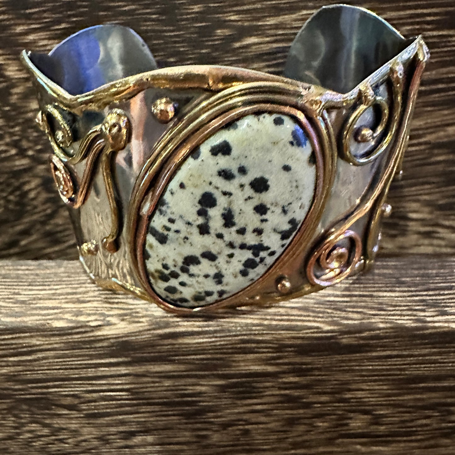Unique Adjustable Cuff Bracelet with Dalmation Jasper and Mixed Metals, Gift-Ready Box Included