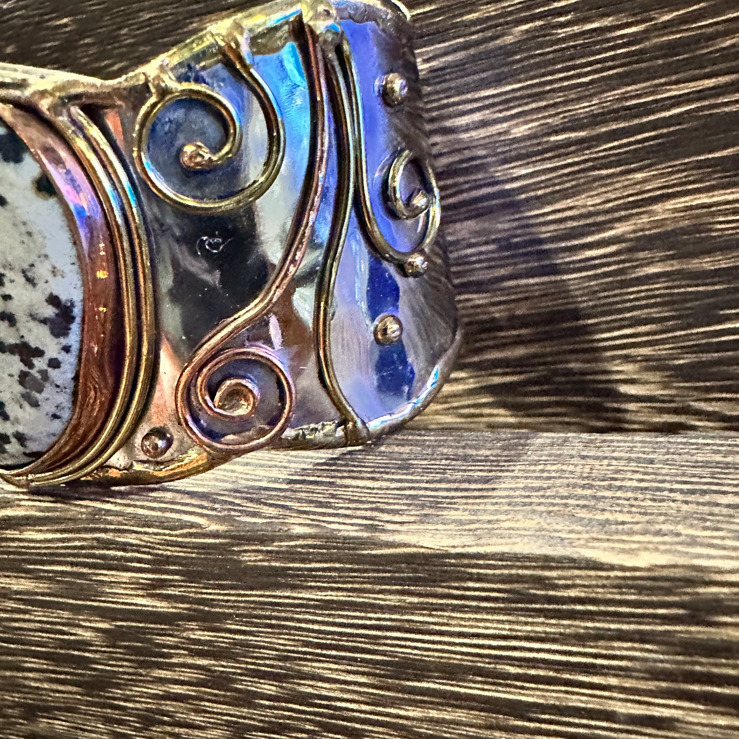 Unique Adjustable Cuff Bracelet with Dalmation Jasper and Mixed Metals, Gift-Ready Box Included