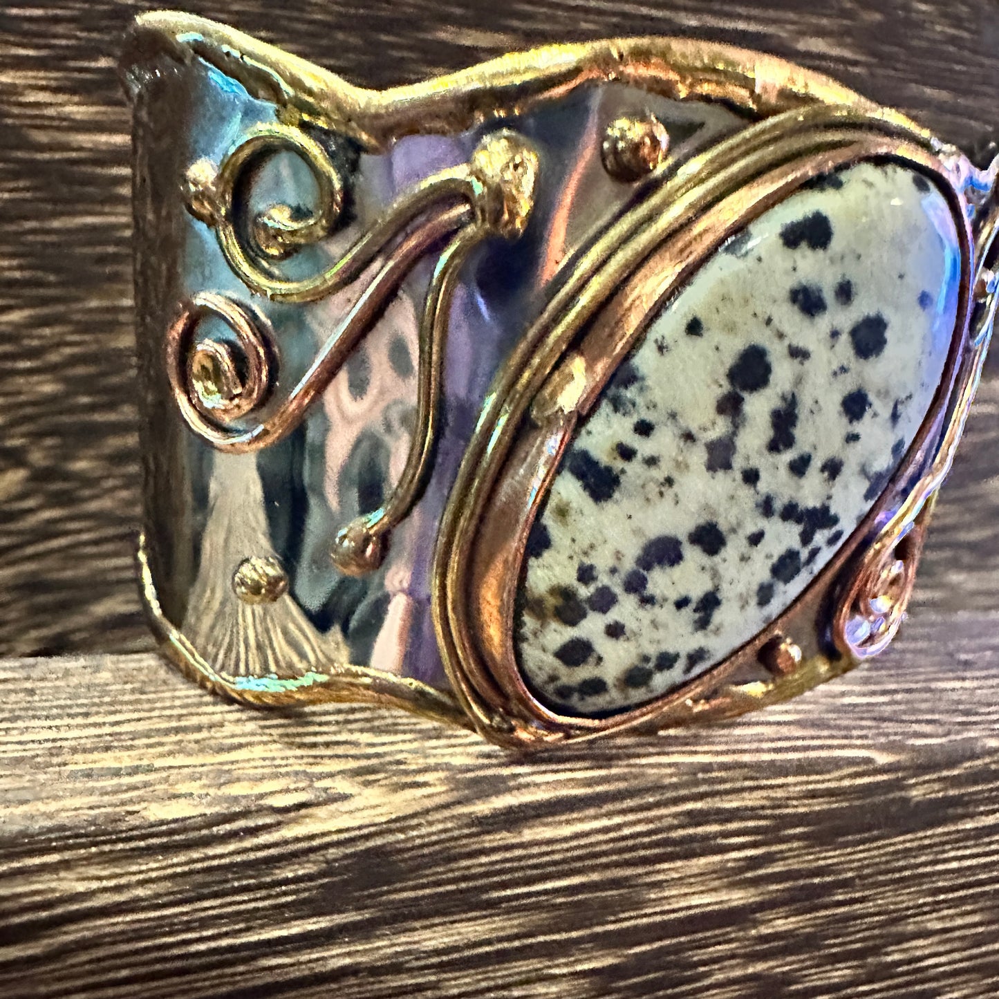 Unique Adjustable Cuff Bracelet with Dalmation Jasper and Mixed Metals, Gift-Ready Box Included