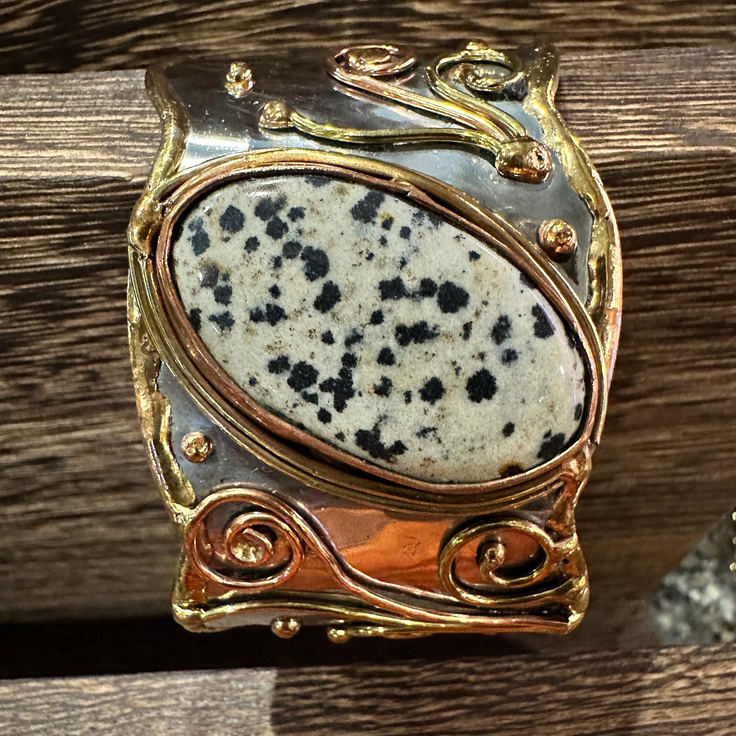Unique Adjustable Cuff Bracelet with Dalmation Jasper and Mixed Metals, Gift-Ready Box Included