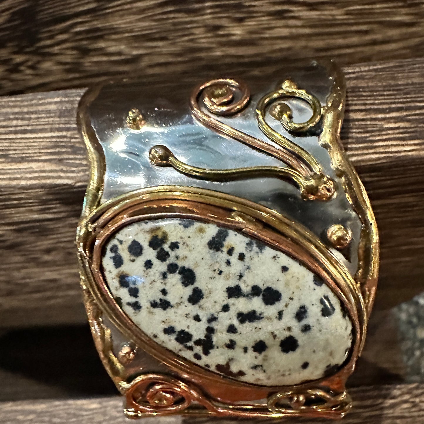 Unique Adjustable Cuff Bracelet with Dalmation Jasper and Mixed Metals, Gift-Ready Box Included