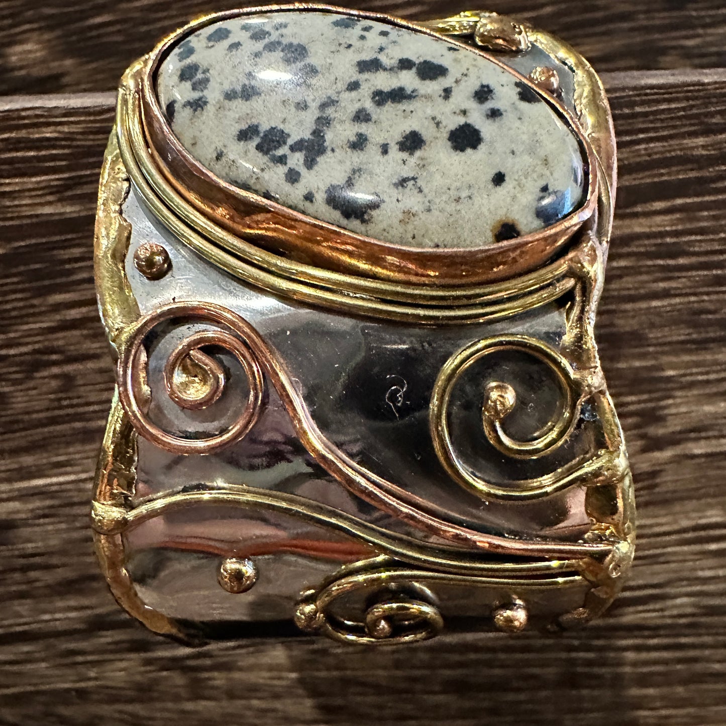 Unique Adjustable Cuff Bracelet with Dalmation Jasper and Mixed Metals, Gift-Ready Box Included