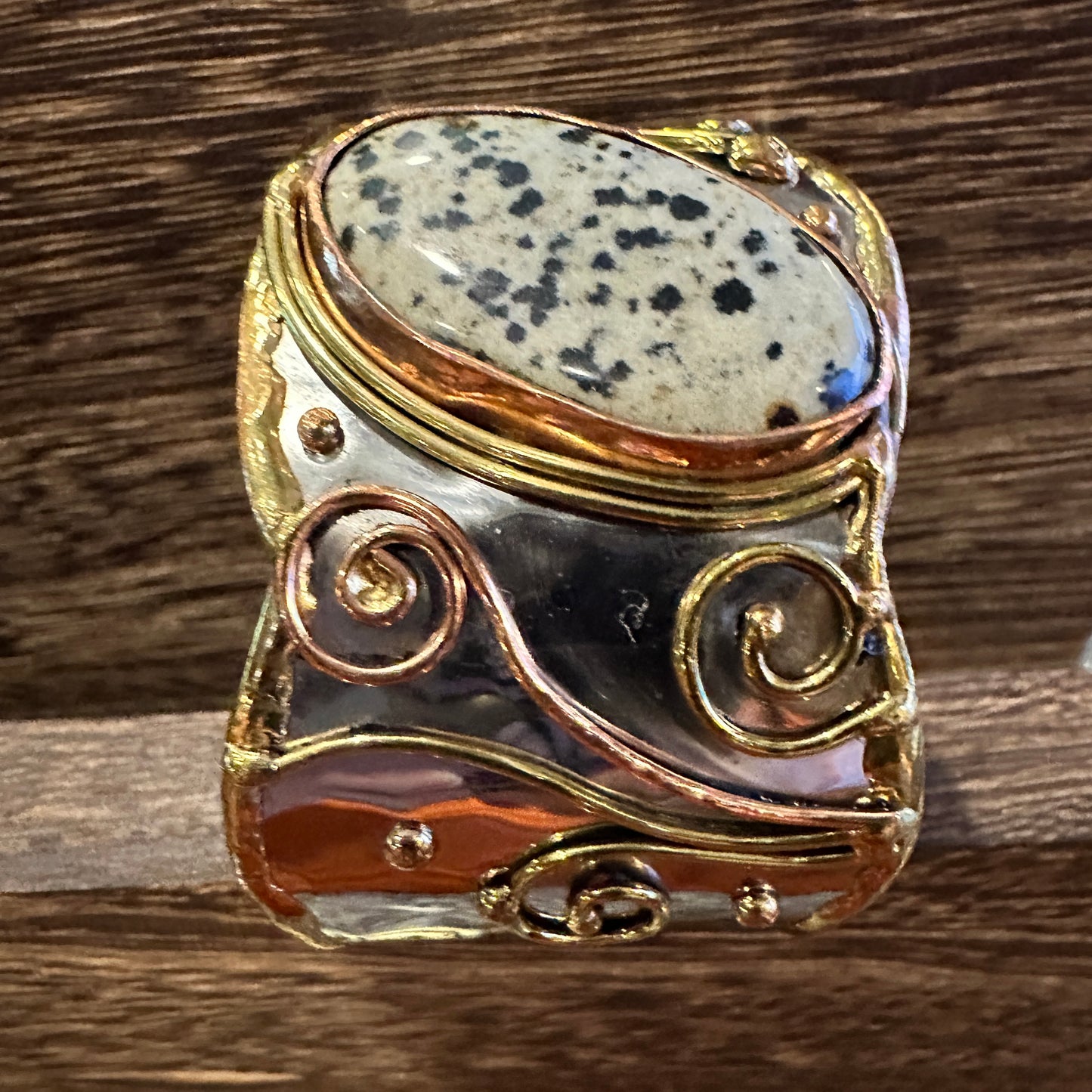 Unique Adjustable Cuff Bracelet with Dalmation Jasper and Mixed Metals, Gift-Ready Box Included