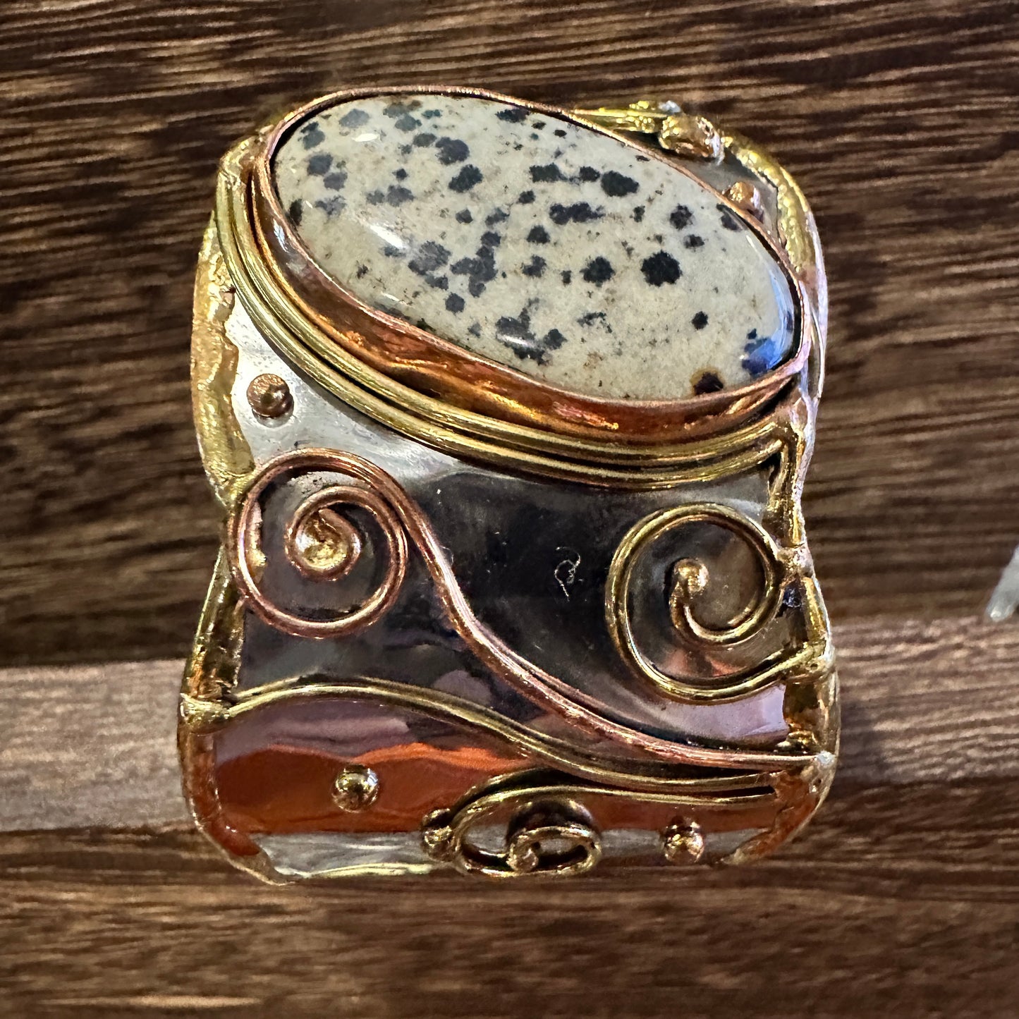 Unique Adjustable Cuff Bracelet with Dalmation Jasper and Mixed Metals, Gift-Ready Box Included