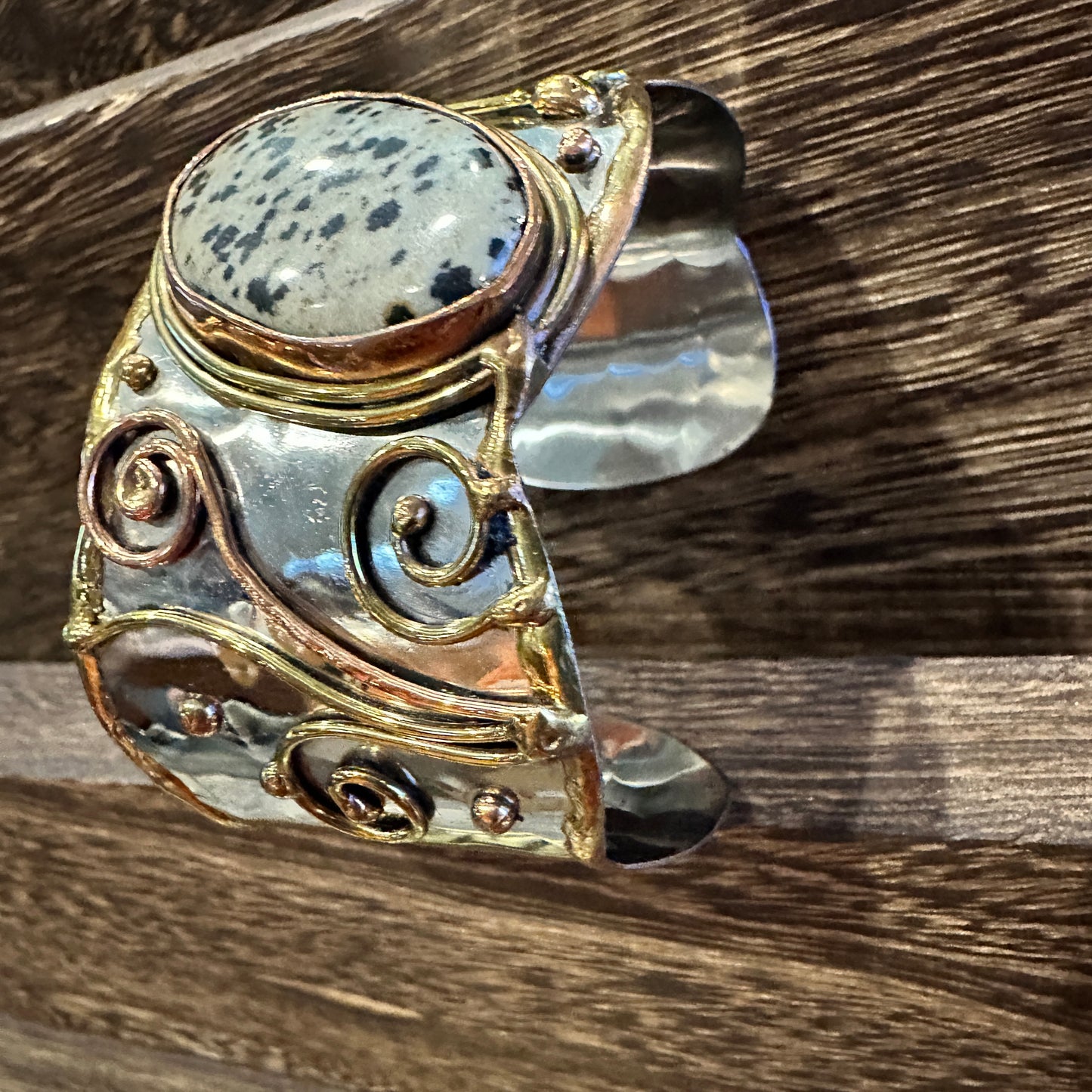 Unique Adjustable Cuff Bracelet with Dalmation Jasper and Mixed Metals, Gift-Ready Box Included