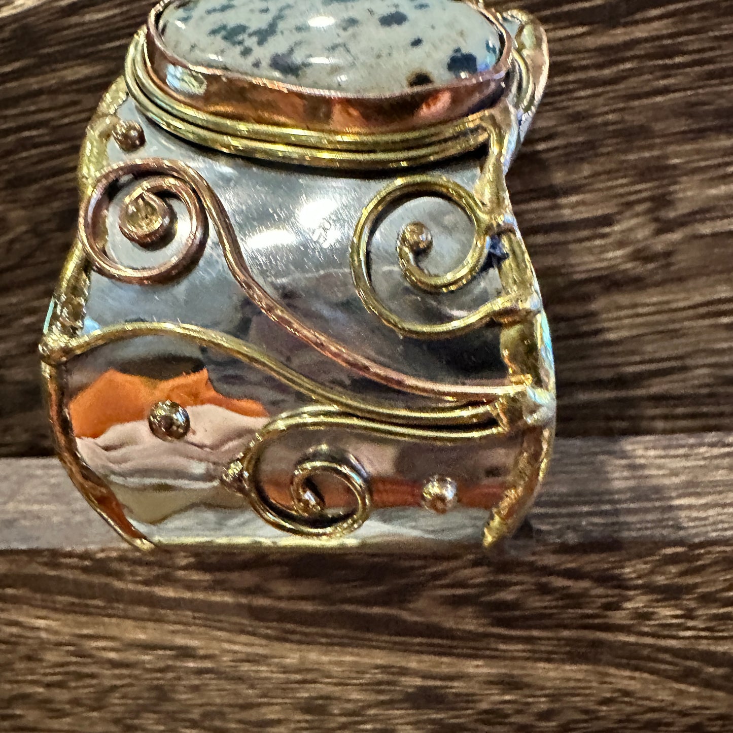Unique Adjustable Cuff Bracelet with Dalmation Jasper and Mixed Metals, Gift-Ready Box Included