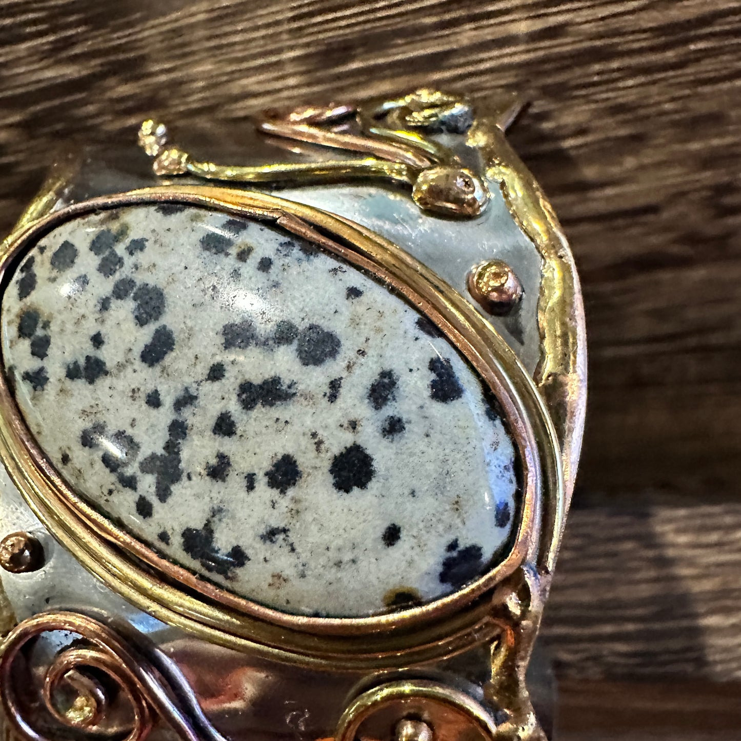 Unique Adjustable Cuff Bracelet with Dalmation Jasper and Mixed Metals, Gift-Ready Box Included