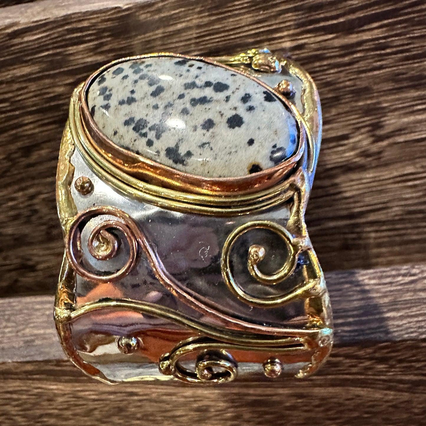 Unique Adjustable Cuff Bracelet with Dalmation Jasper and Mixed Metals, Gift-Ready Box Included