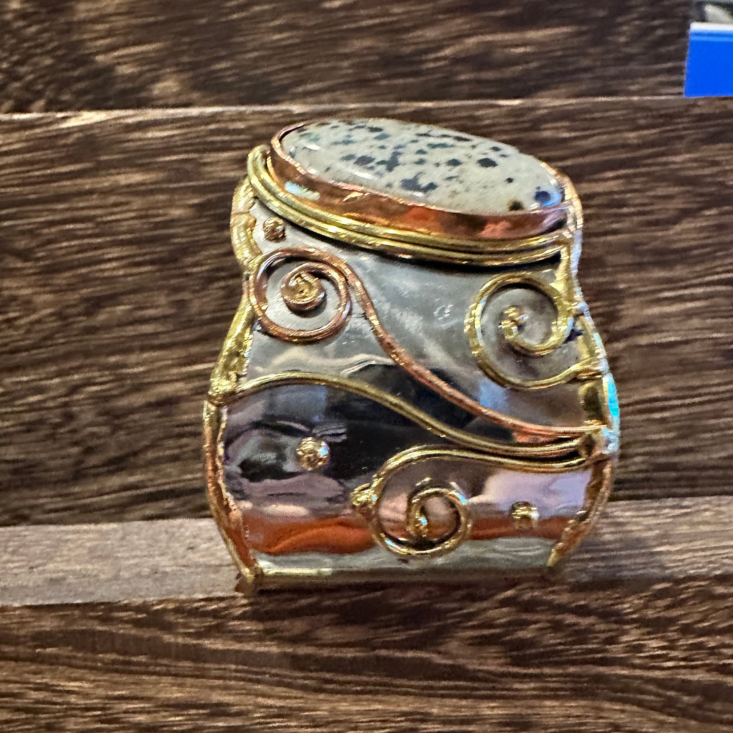 Unique Adjustable Cuff Bracelet with Dalmation Jasper and Mixed Metals, Gift-Ready Box Included