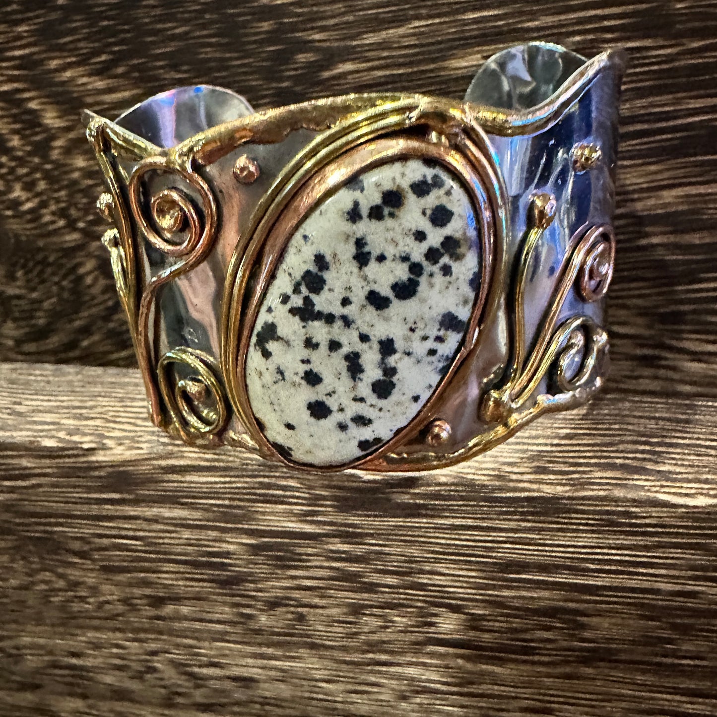 Unique Adjustable Cuff Bracelet with Dalmation Jasper and Mixed Metals, Gift-Ready Box Included