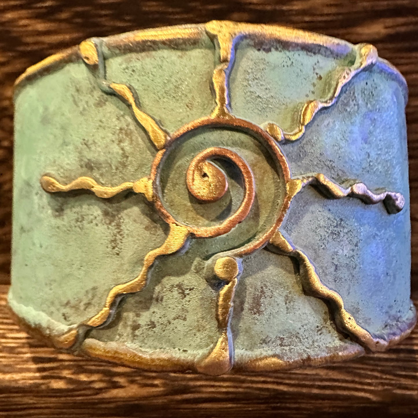 Artisan Aqua Patina Brass Cuff Bracelet, 2in Wide, Adjustable, Gift Box Included