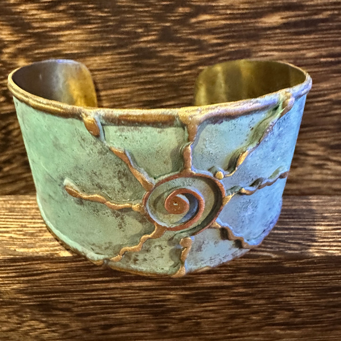 Artisan Aqua Patina Brass Cuff Bracelet, 2in Wide, Adjustable, Gift Box Included