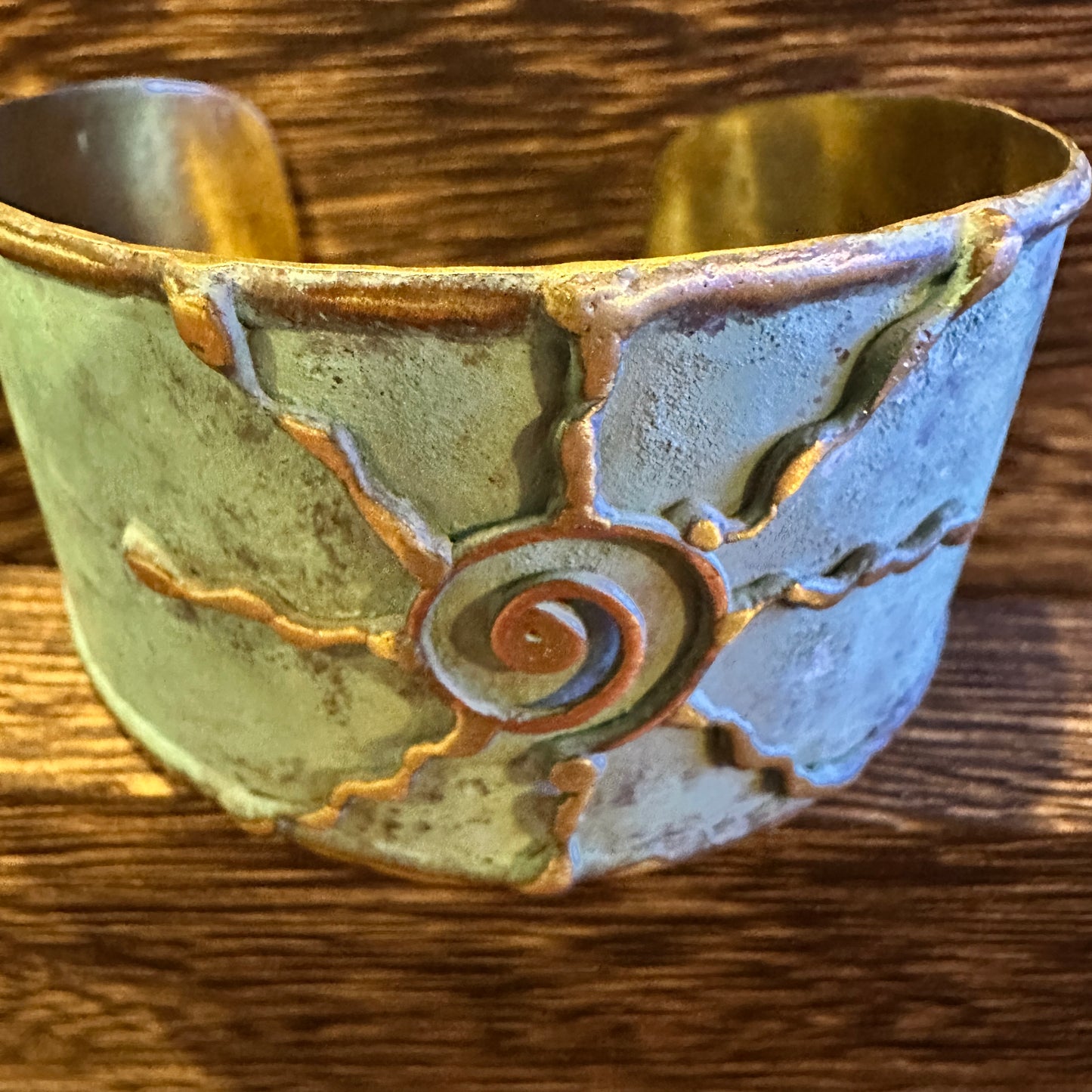 Artisan Aqua Patina Brass Cuff Bracelet, 2in Wide, Adjustable, Gift Box Included