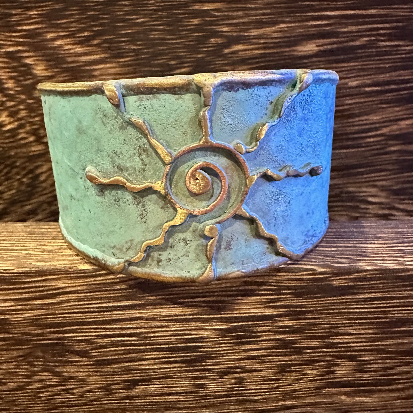 Artisan Aqua Patina Brass Cuff Bracelet, 2in Wide, Adjustable, Gift Box Included