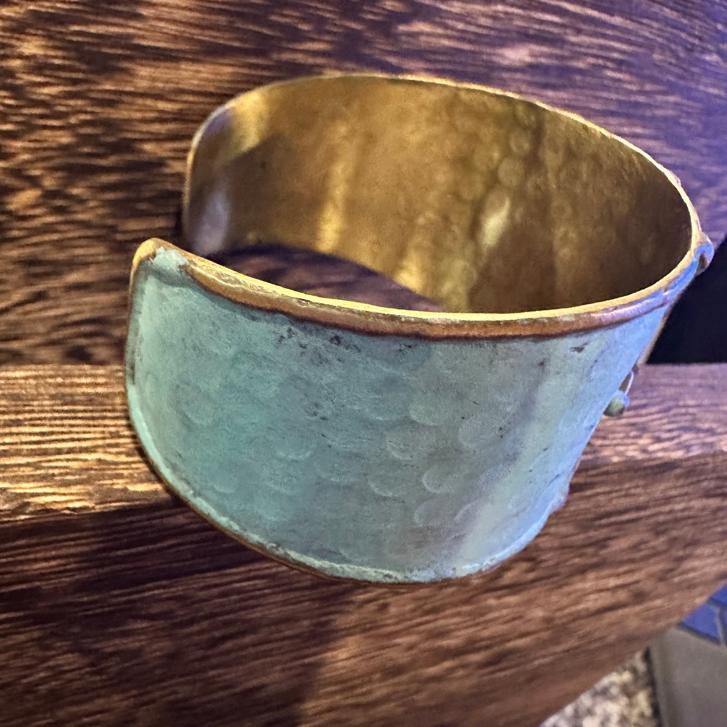 Artisan Aqua Patina Brass Cuff Bracelet, 2in Wide, Adjustable, Gift Box Included