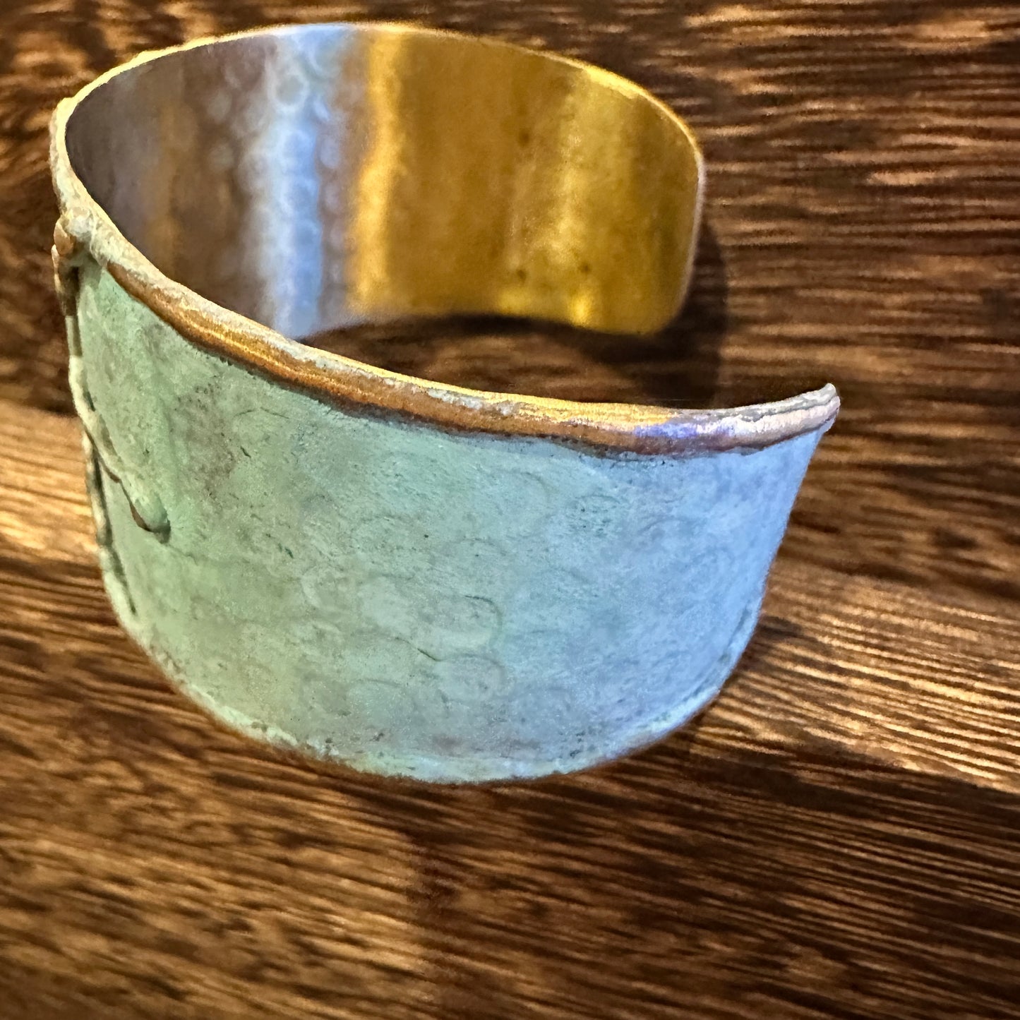 Artisan Aqua Patina Brass Cuff Bracelet, 2in Wide, Adjustable, Gift Box Included