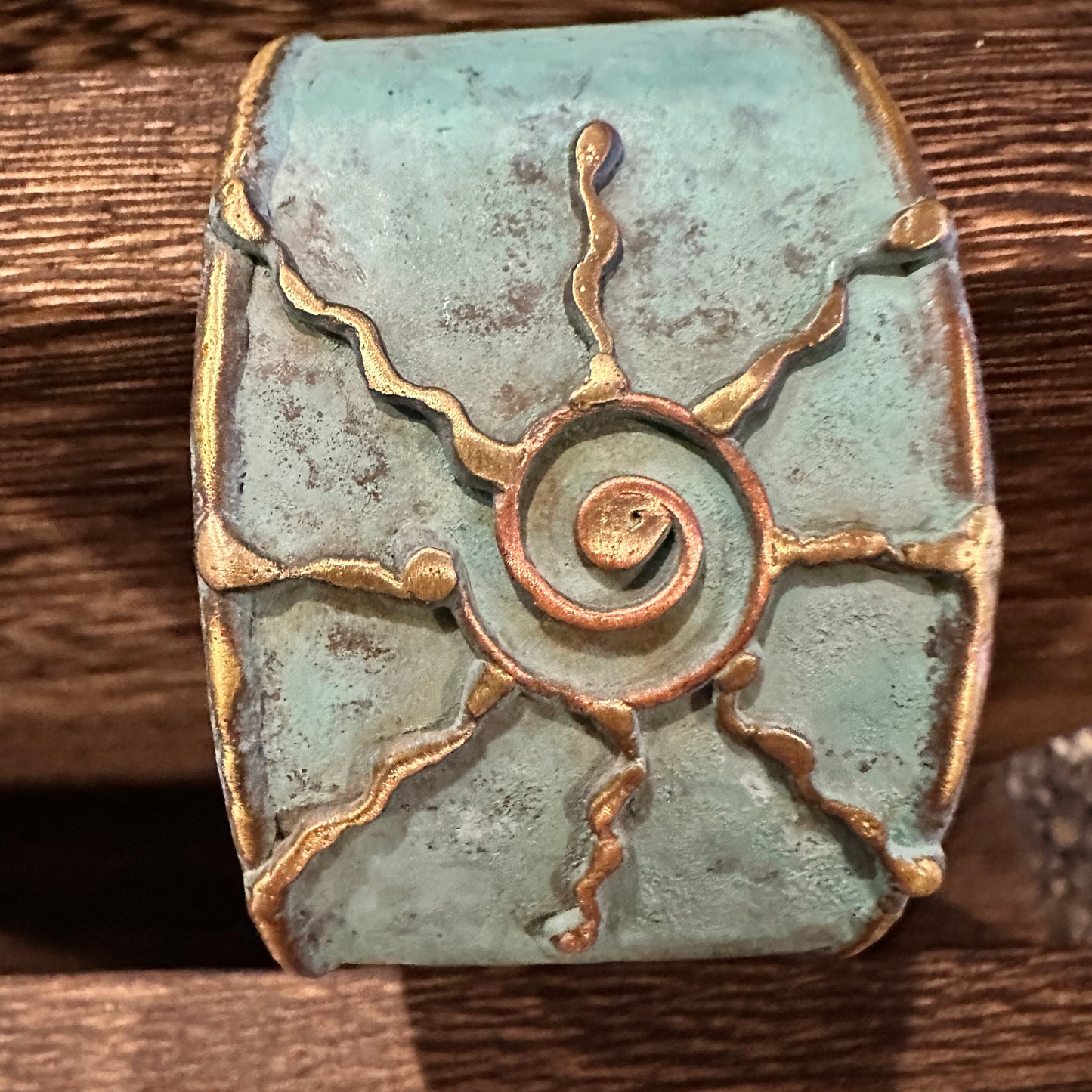 Artisan Aqua Patina Brass Cuff Bracelet, 2in Wide, Adjustable, Gift Box Included