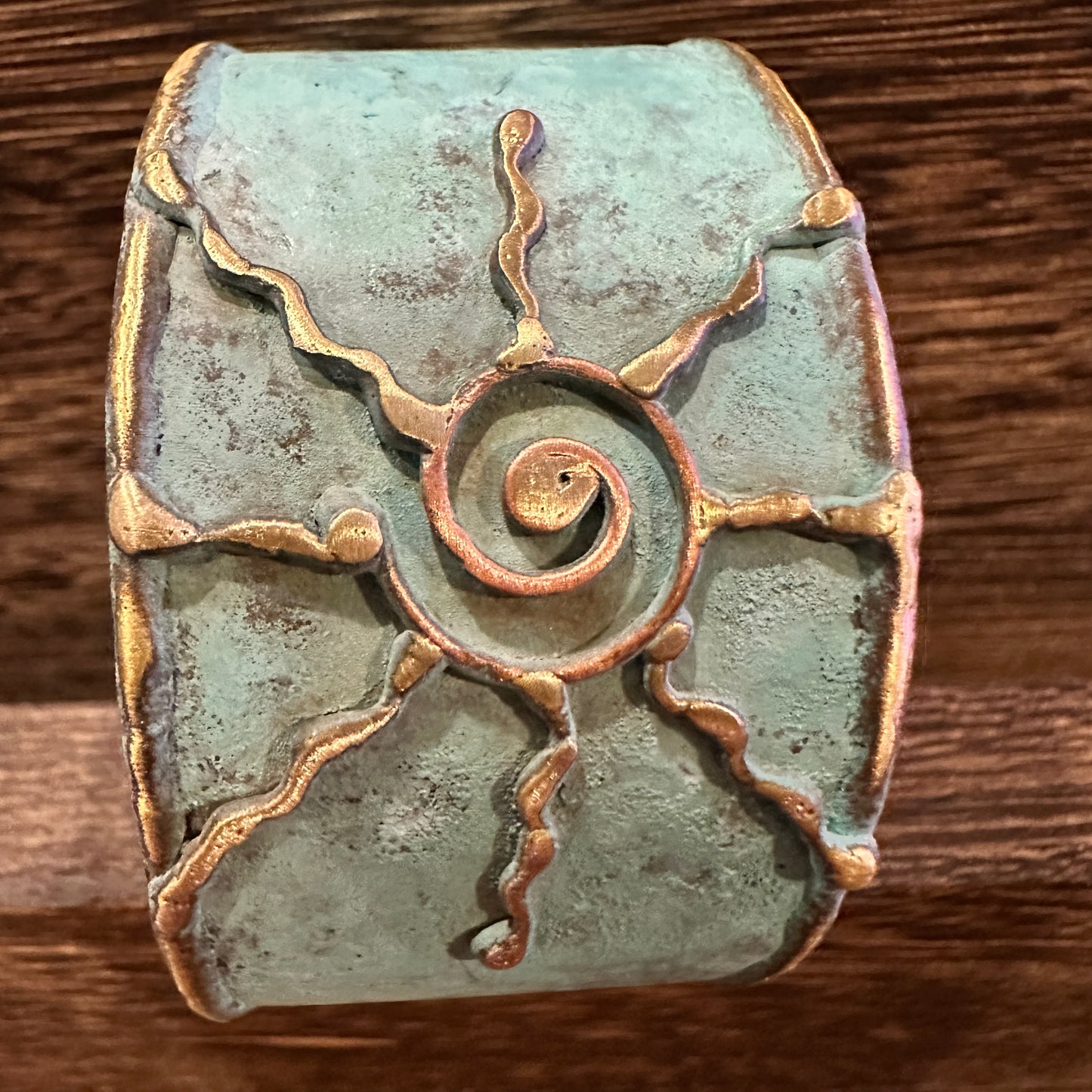 Artisan Aqua Patina Brass Cuff Bracelet, 2in Wide, Adjustable, Gift Box Included