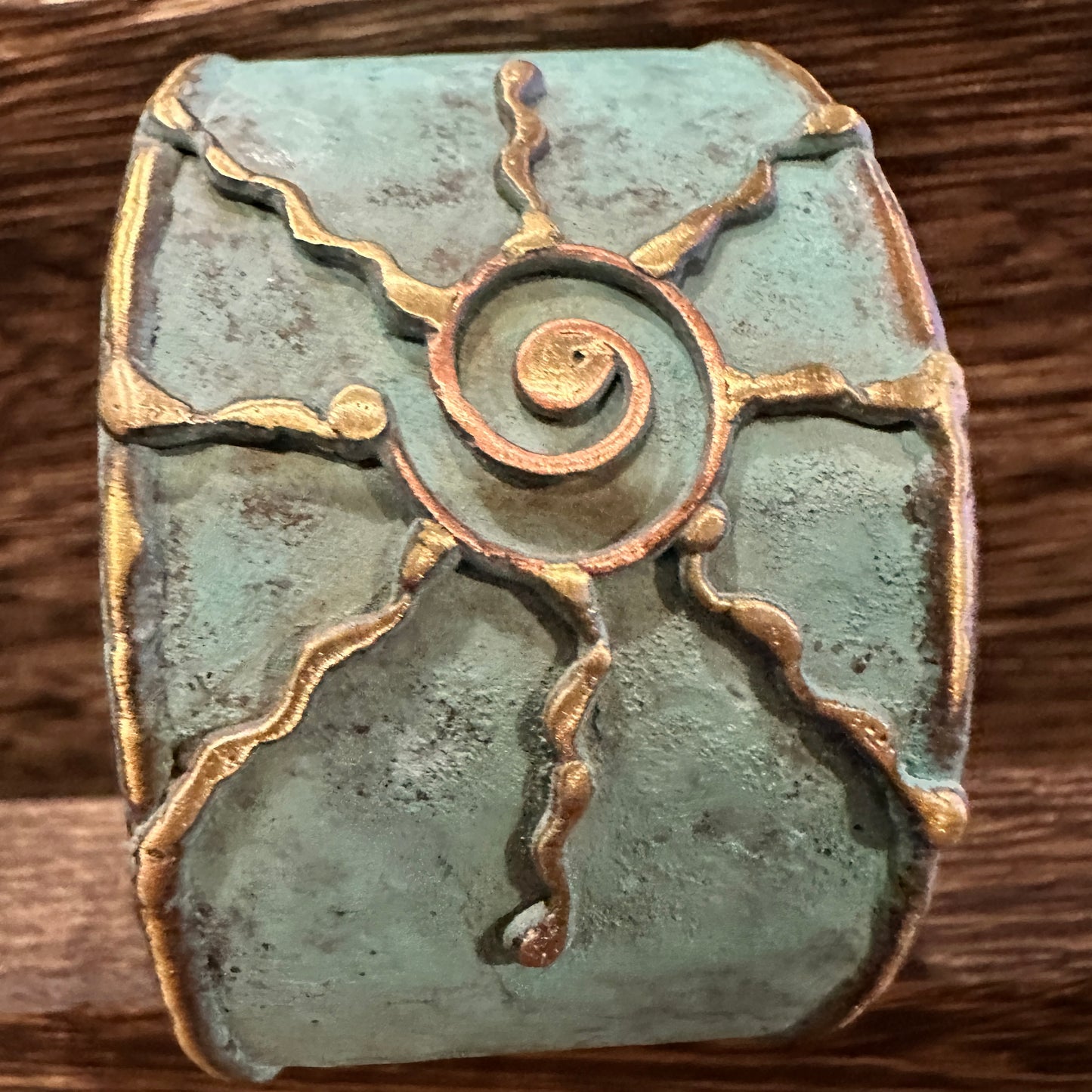 Artisan Aqua Patina Brass Cuff Bracelet, 2in Wide, Adjustable, Gift Box Included