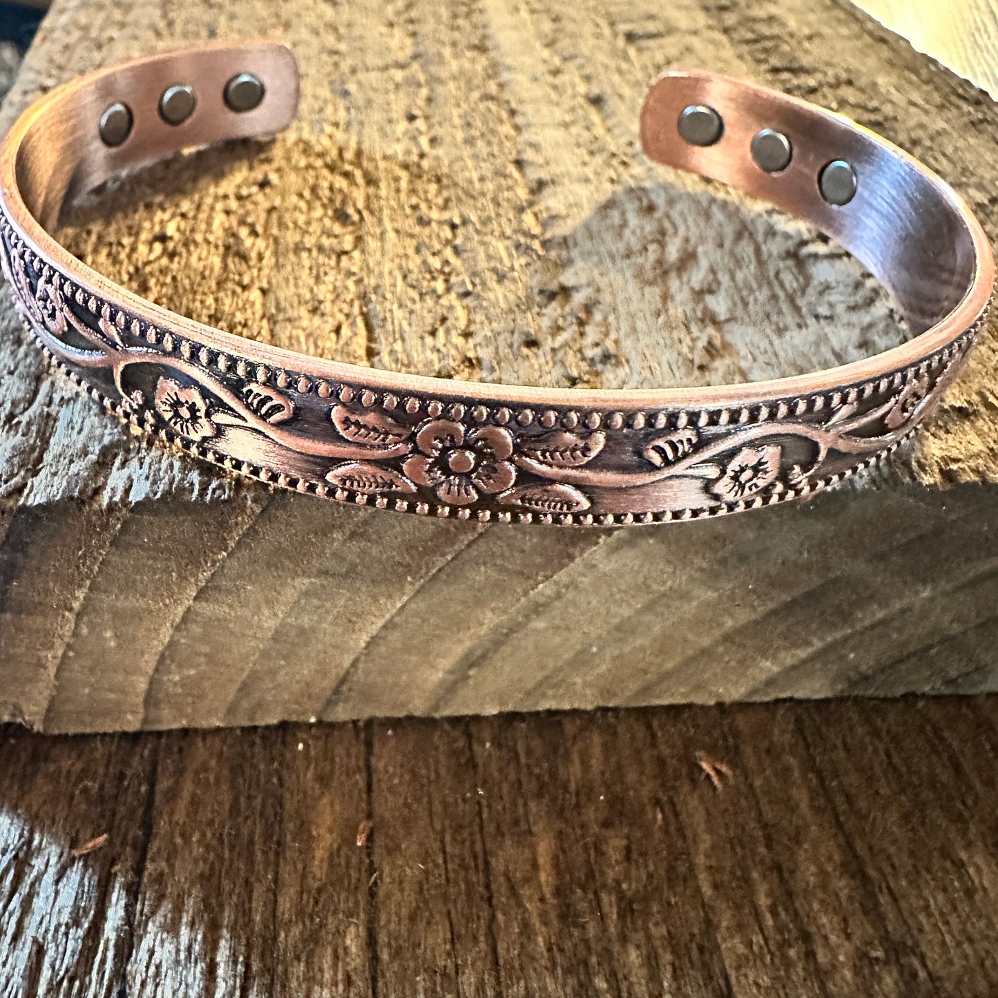 Boho Copper Floral Flexible Cuff Bangle Bracelet, Arthritis Relief, Gift Box