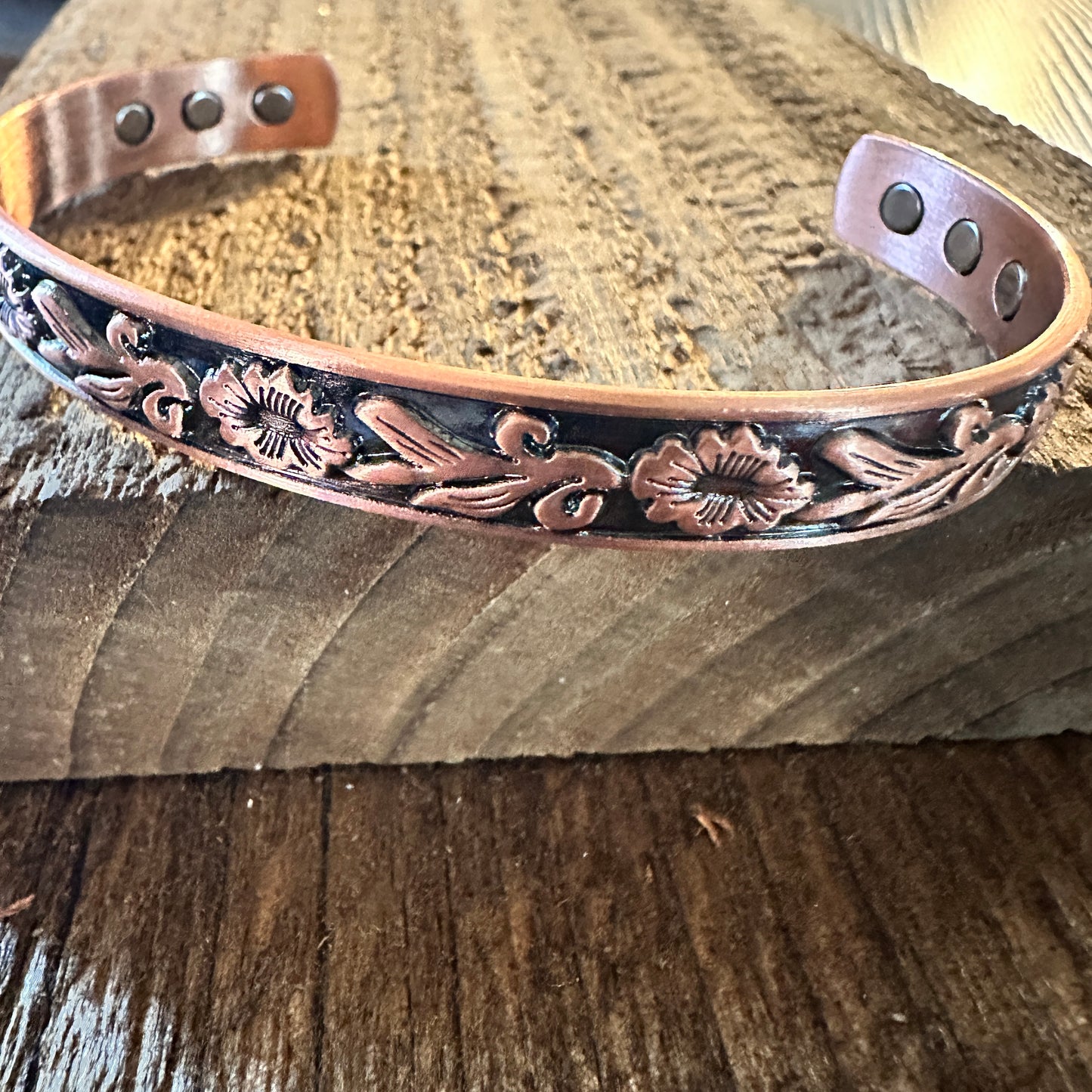 Boho Copper Floral Cuff Bangle Bracelet, Arthritis Relief, Gift Box