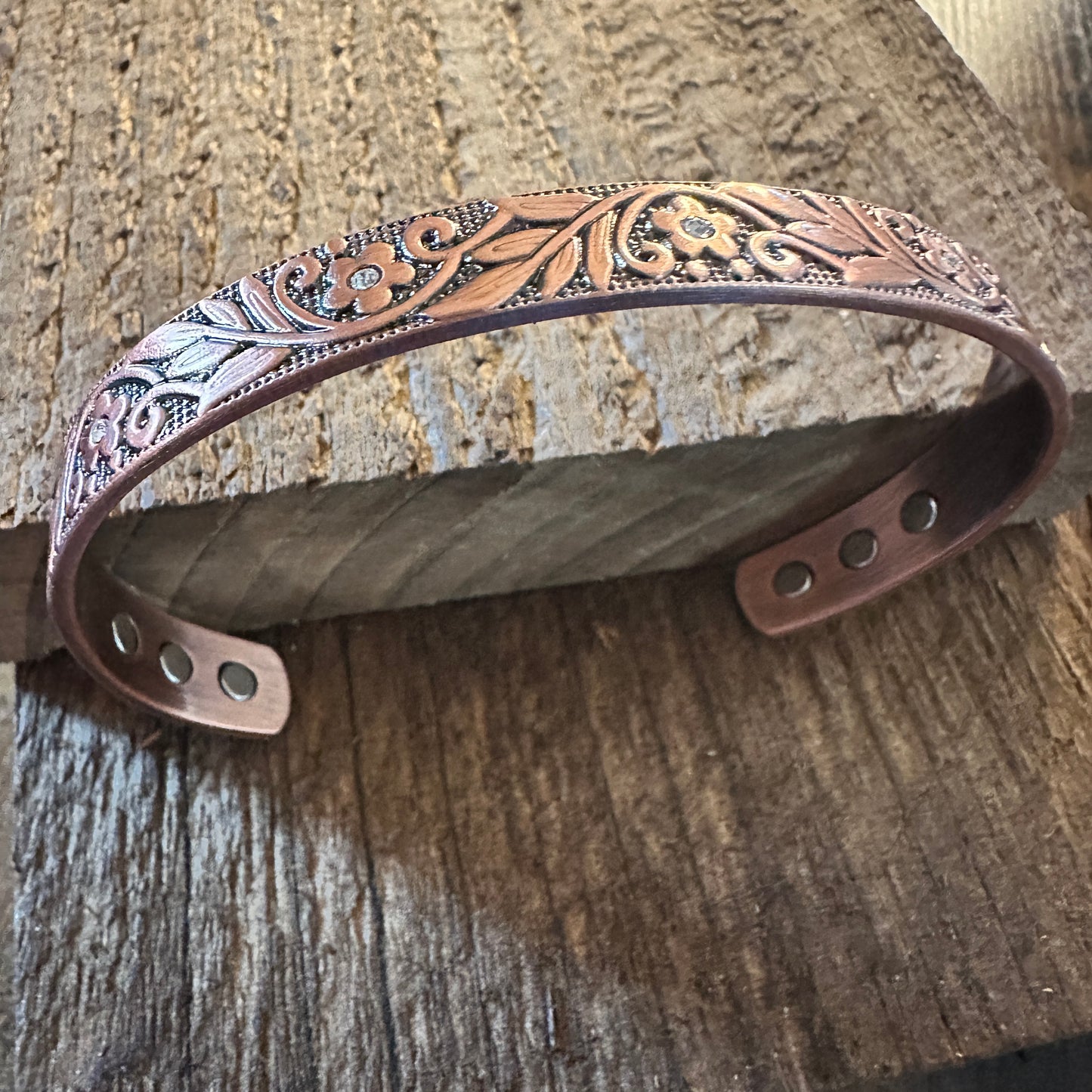 Boho Copper Floral Cuff Bangle Bracelet, Arthritis Relief, Gift Box