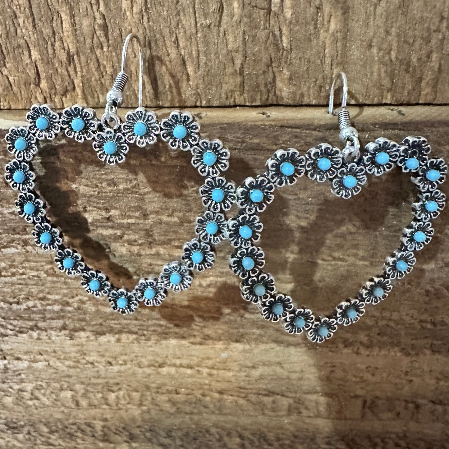 Vibrant Turquoise Heart Earrings with Bohemian Floral Design