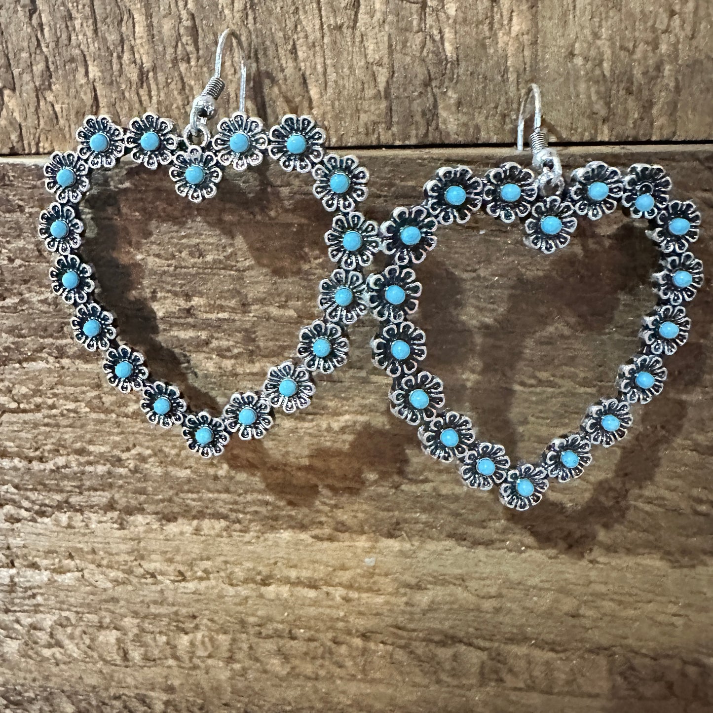Vibrant Turquoise Heart Earrings with Bohemian Floral Design