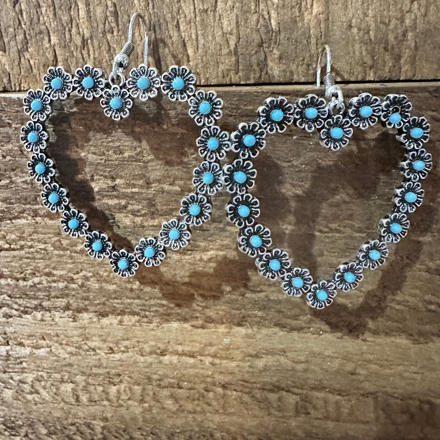 Vibrant Turquoise Heart Earrings with Bohemian Floral Design