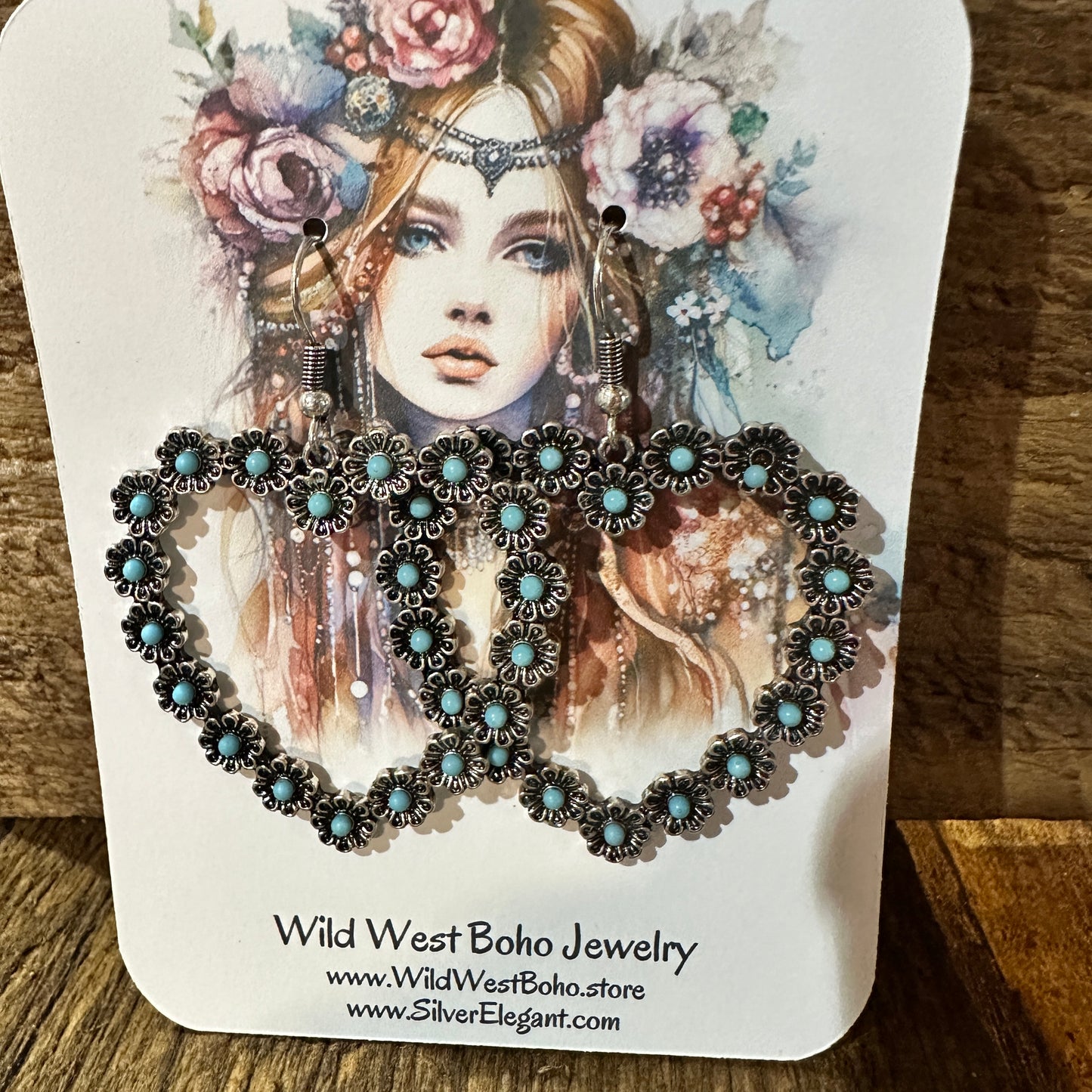 Vibrant Turquoise Heart Earrings with Bohemian Floral Design
