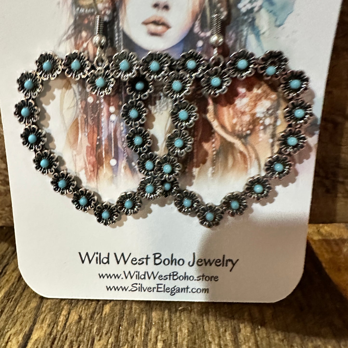 Vibrant Turquoise Heart Earrings with Bohemian Floral Design