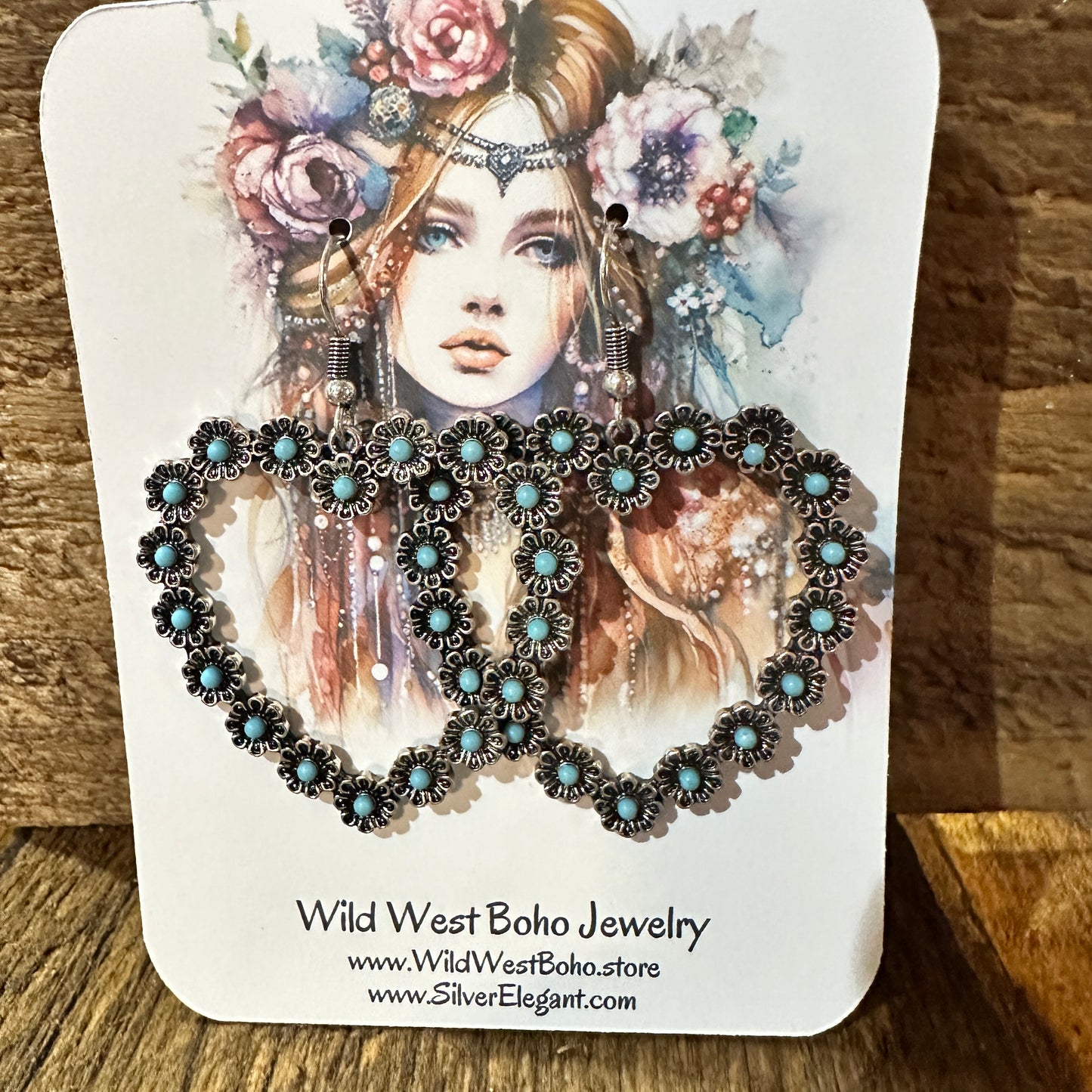 Vibrant Turquoise Heart Earrings with Bohemian Floral Design