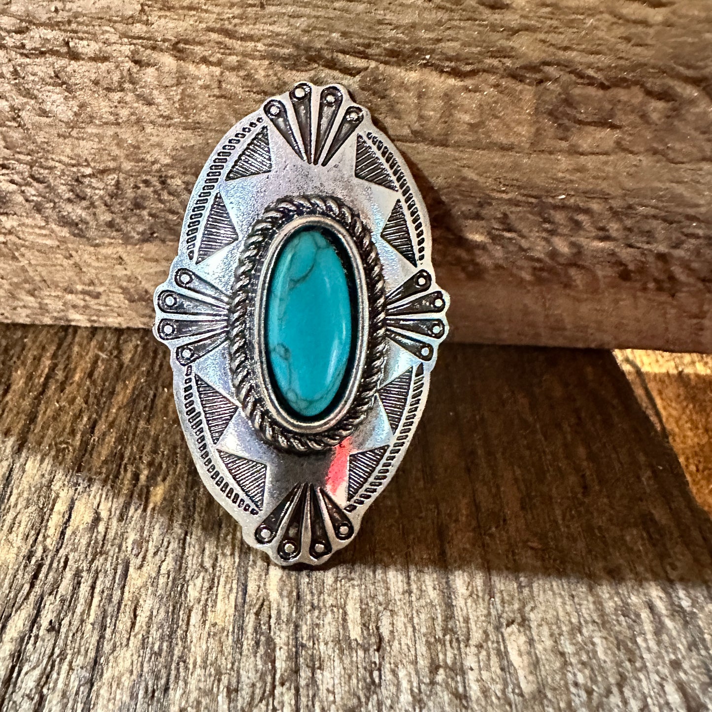 Boho Chic Turquoise Adjustable Western Concho Cuff Ring Oxidized Silver, Gift Box