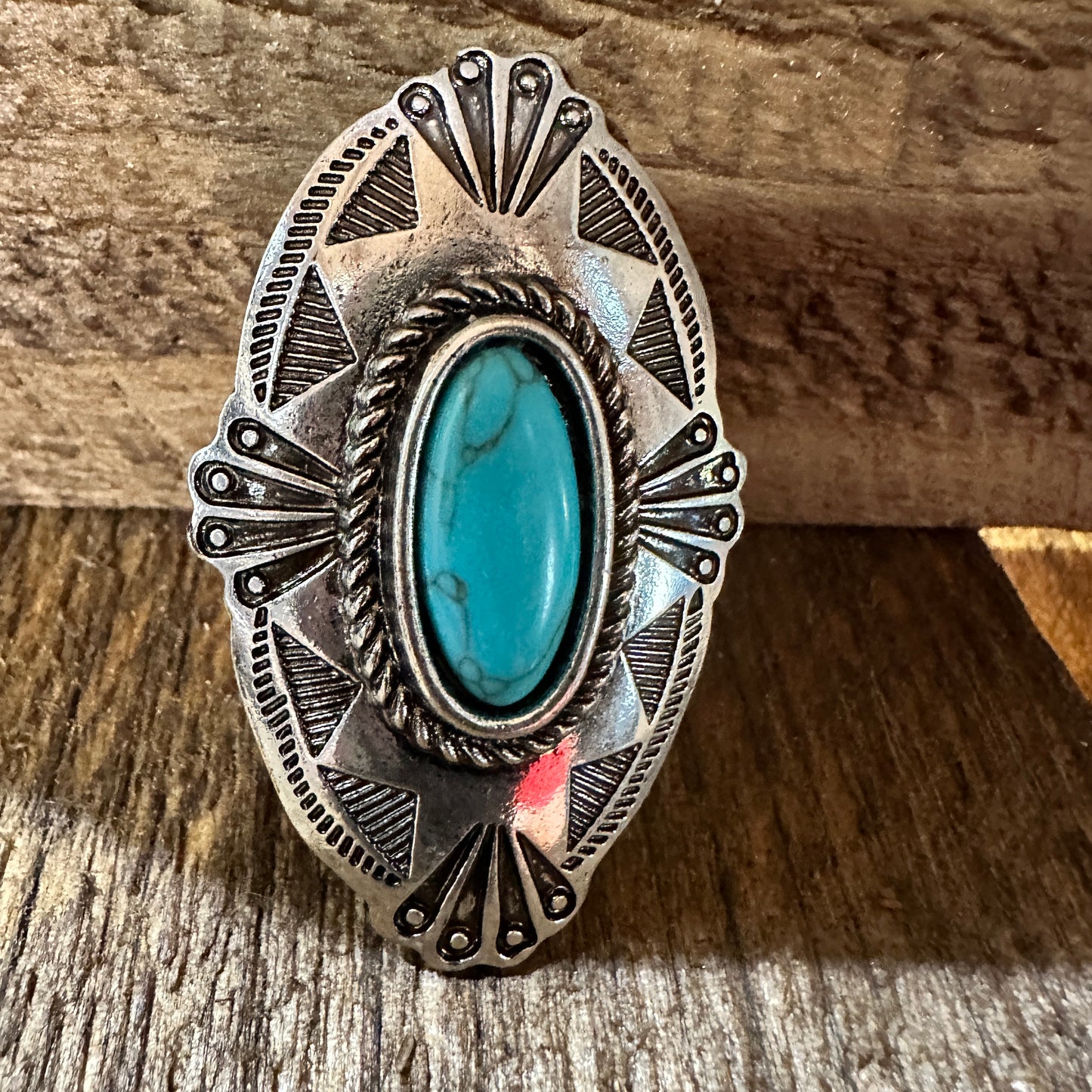 Boho Chic Turquoise Adjustable Western Concho Cuff Ring Oxidized Silver, Gift Box