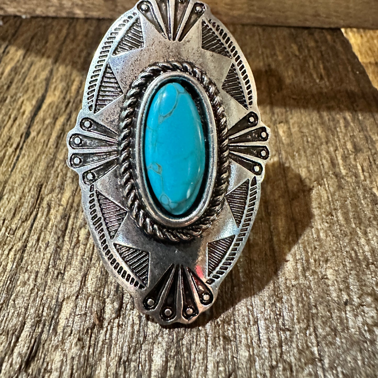 Boho Chic Turquoise Adjustable Western Concho Cuff Ring Oxidized Silver, Gift Box