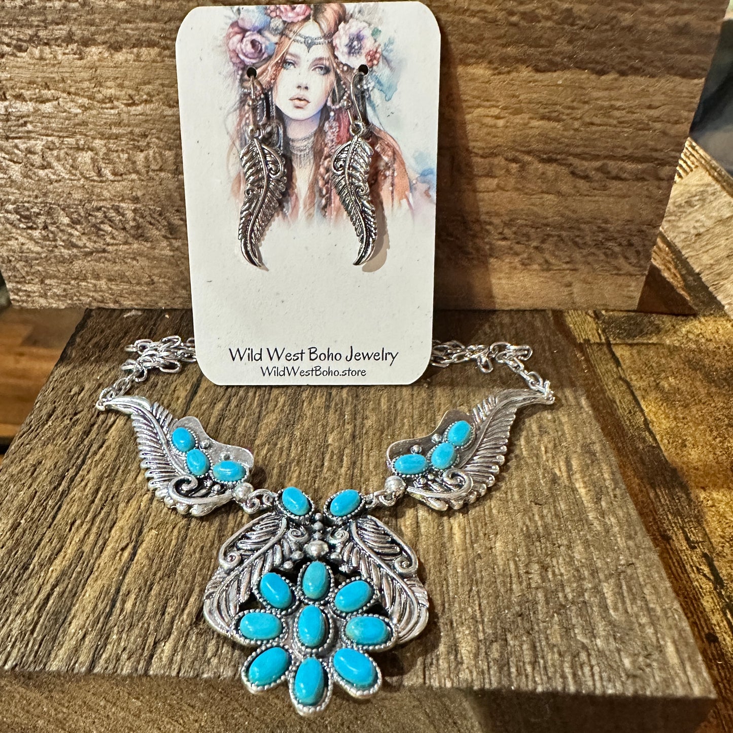 Bohemian Willow Leaf Turquoise Cabochon Jewelry Set: Necklace & Earrings