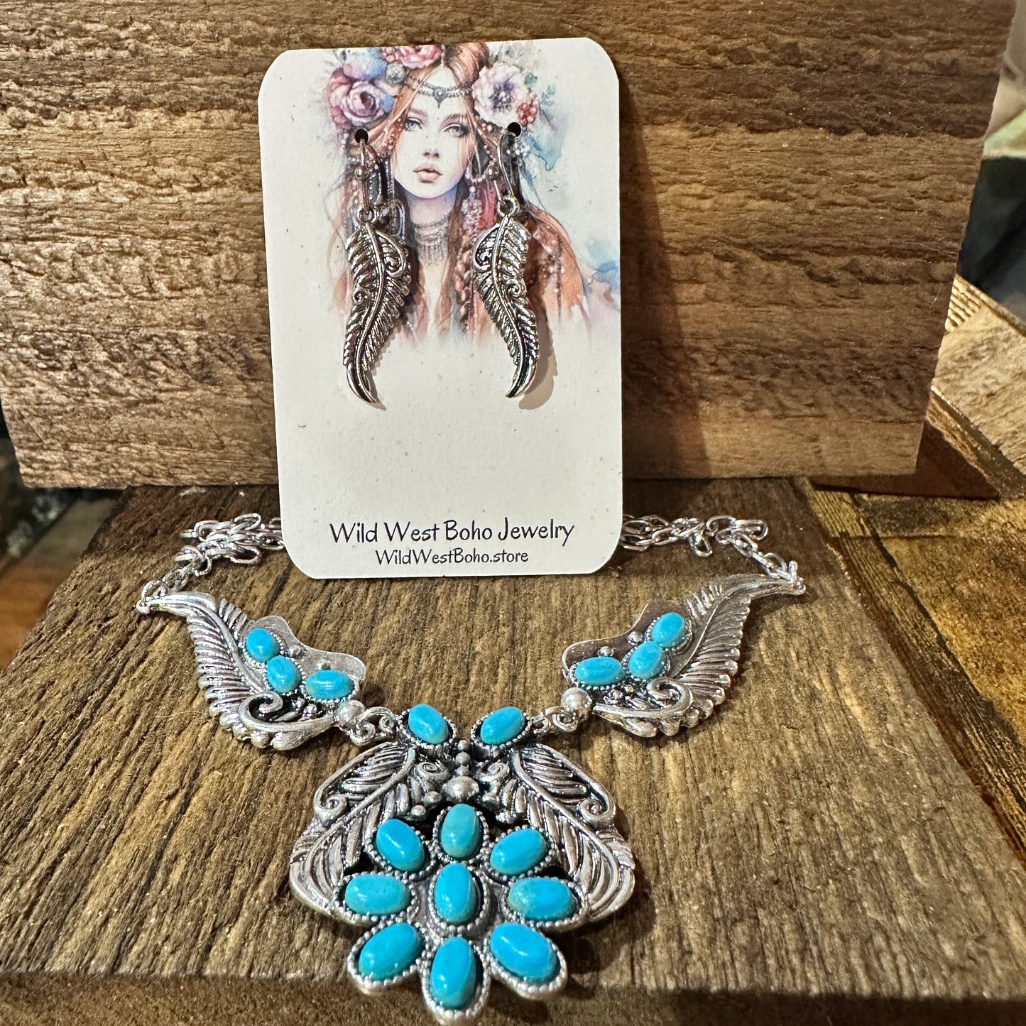 Bohemian Willow Leaf Turquoise Cabochon Jewelry Set: Necklace & Earrings