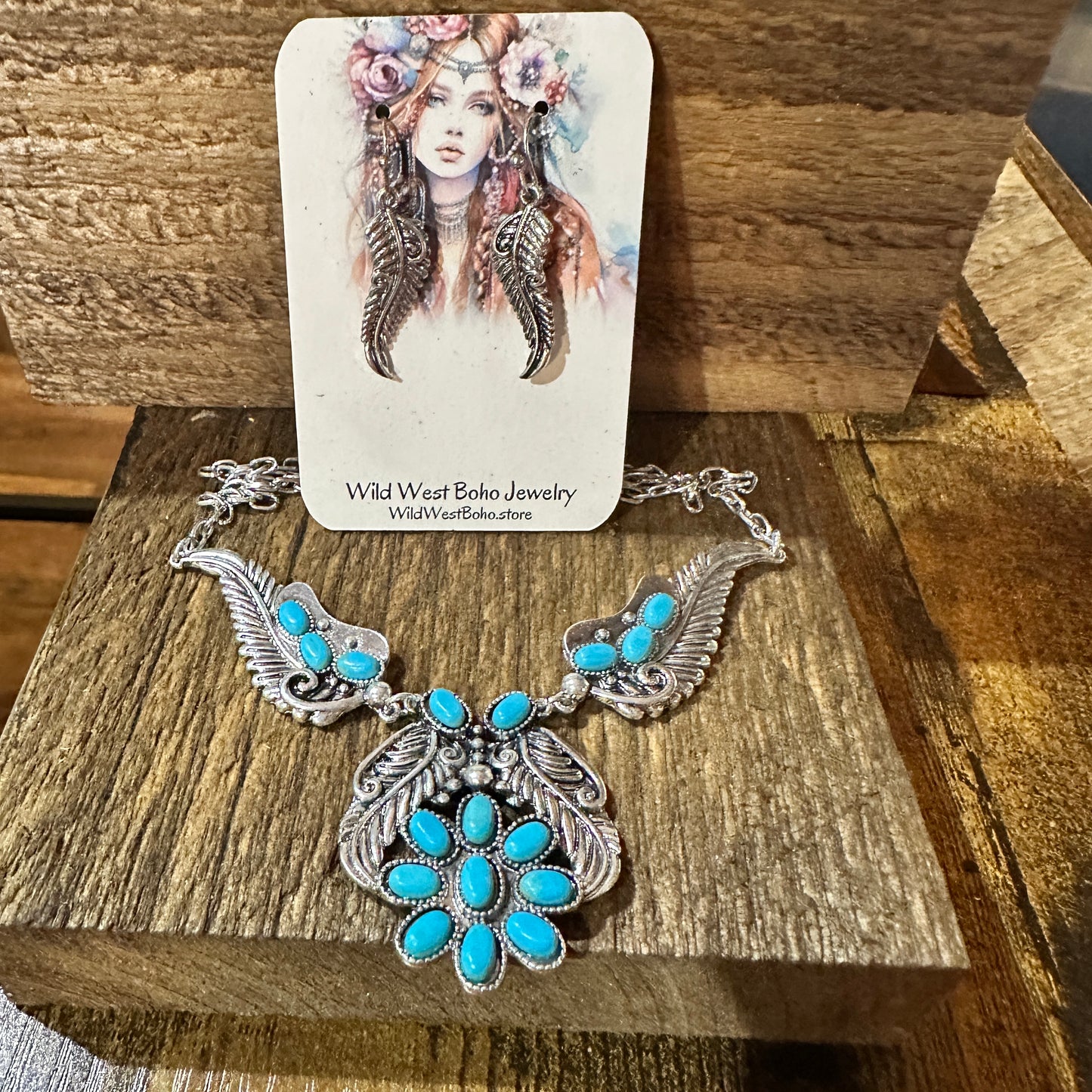 Bohemian Willow Leaf Turquoise Cabochon Jewelry Set: Necklace & Earrings