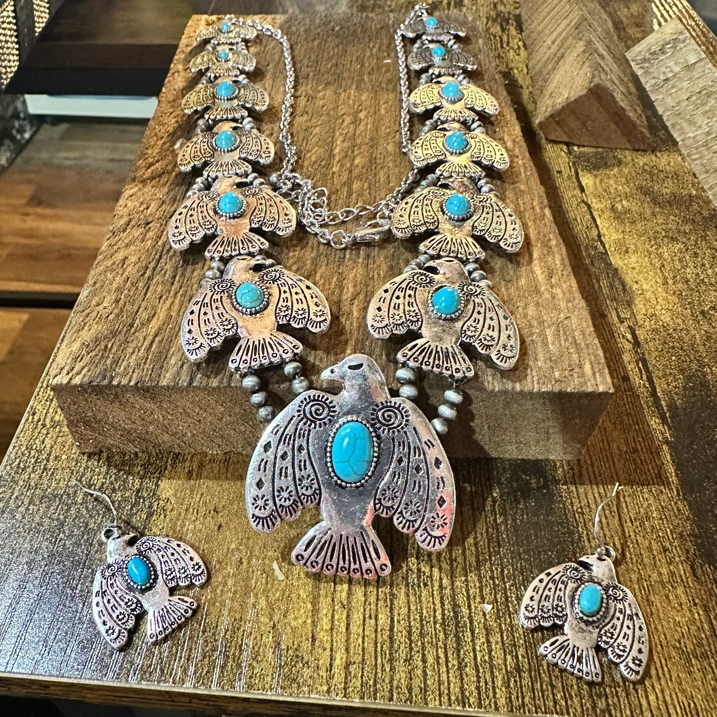Boho Native American Turquoise Thunderbirds Charm Jewelry Set, Gift Box