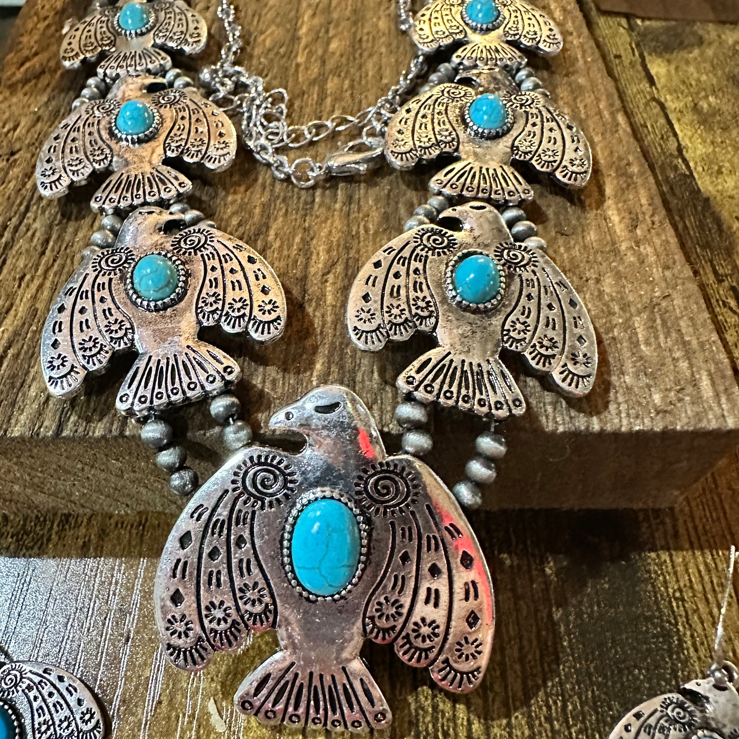 Boho Native American Turquoise Thunderbirds Charm Jewelry Set, Gift Box