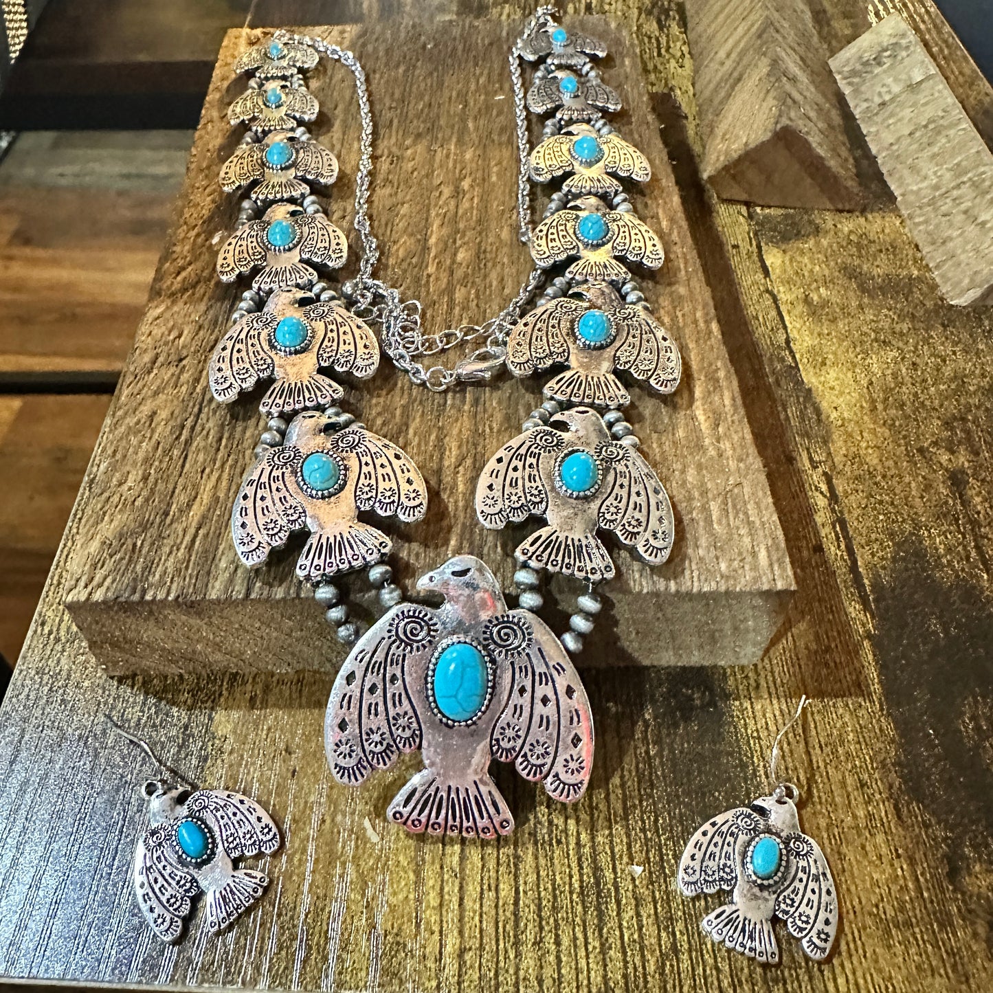 Boho Native American Turquoise Thunderbirds Charm Jewelry Set, Gift Box