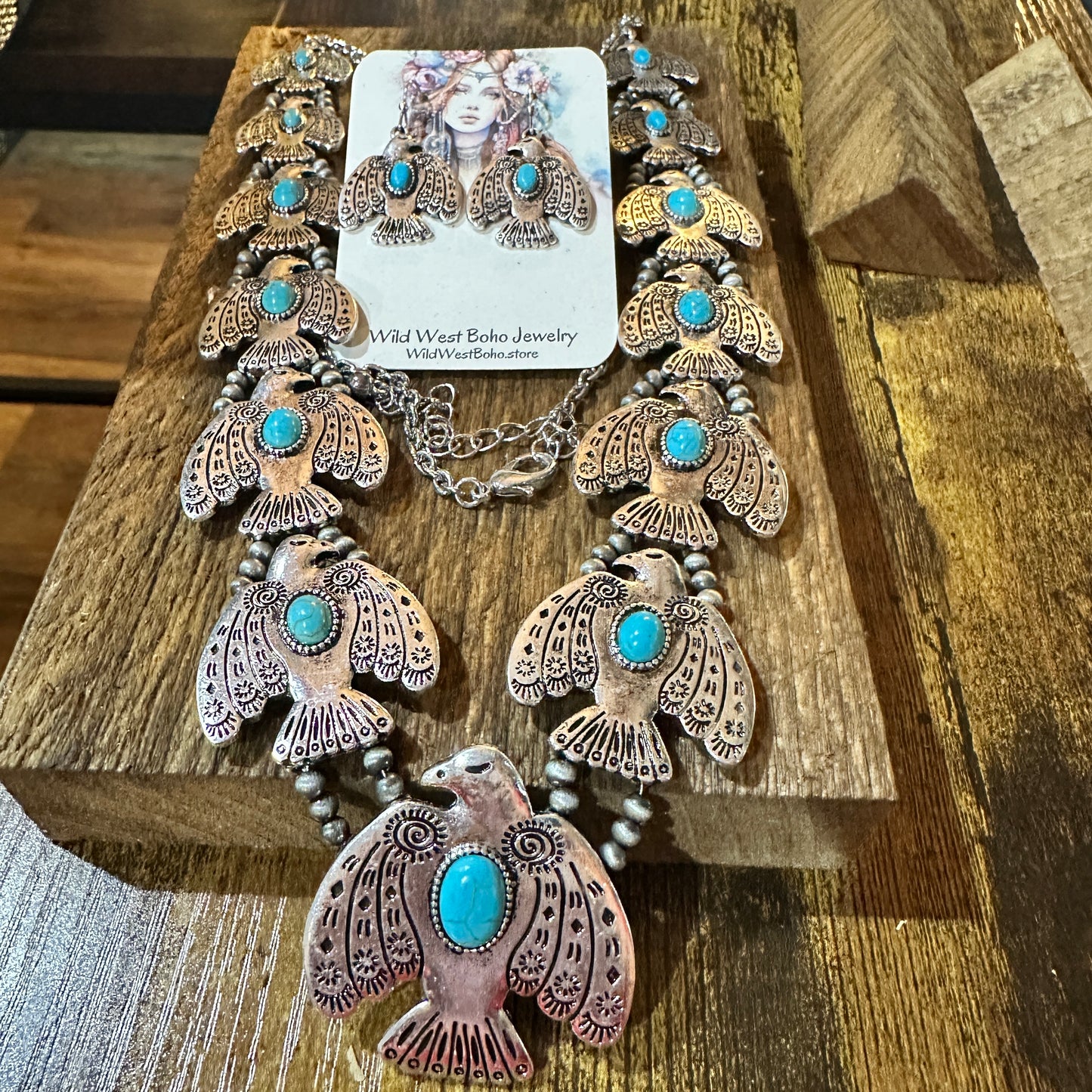 Boho Native American Turquoise Thunderbirds Charm Jewelry Set, Gift Box
