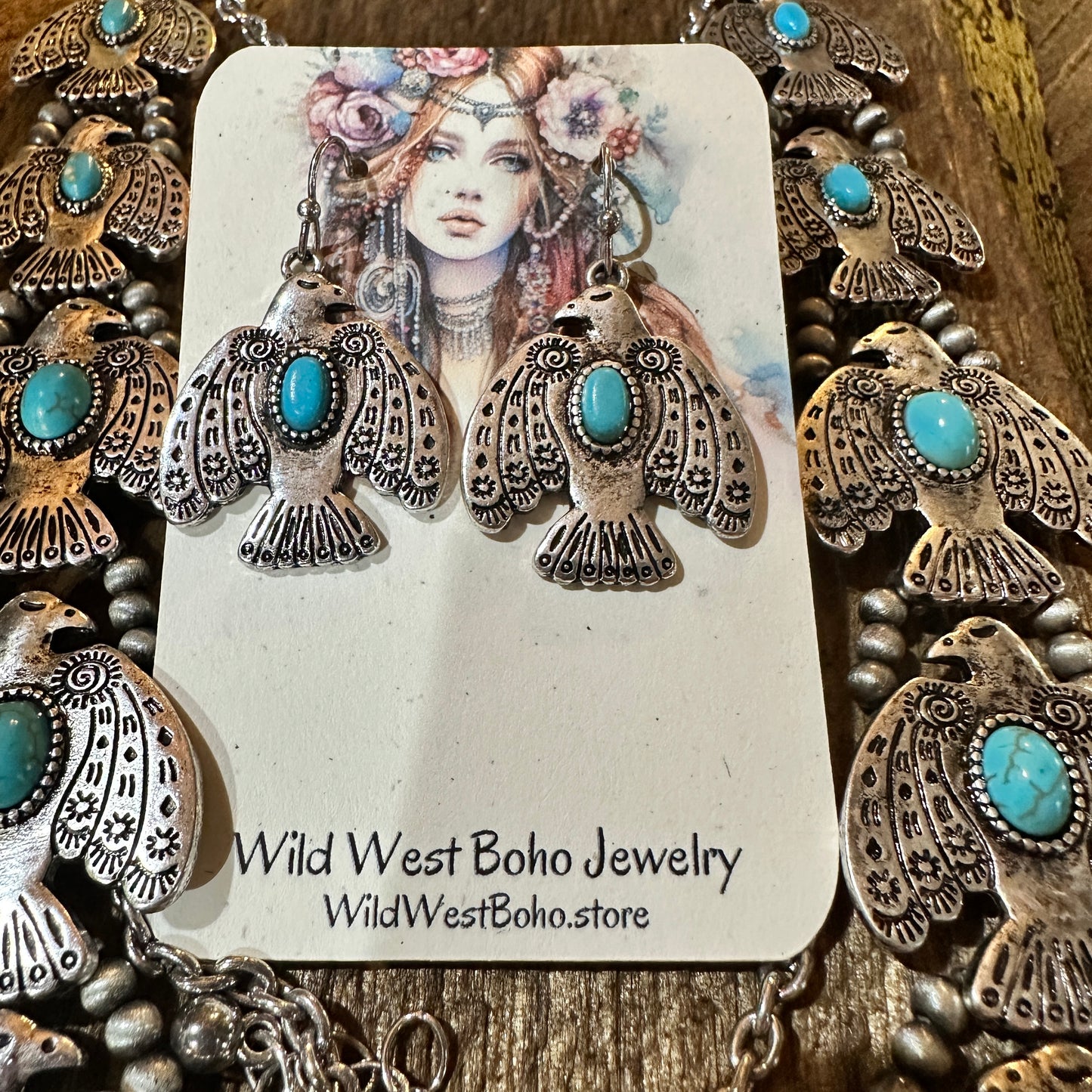 Boho Native American Turquoise Thunderbirds Charm Jewelry Set, Gift Box