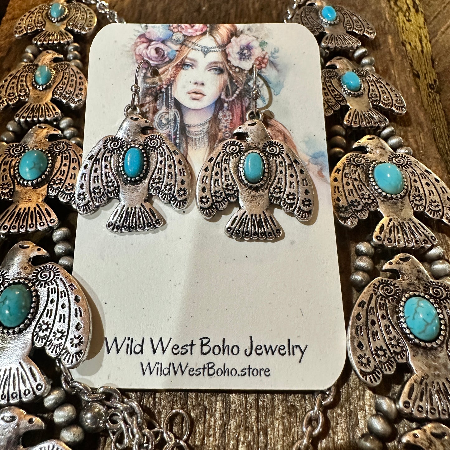 Boho Native American Turquoise Thunderbirds Charm Jewelry Set, Gift Box